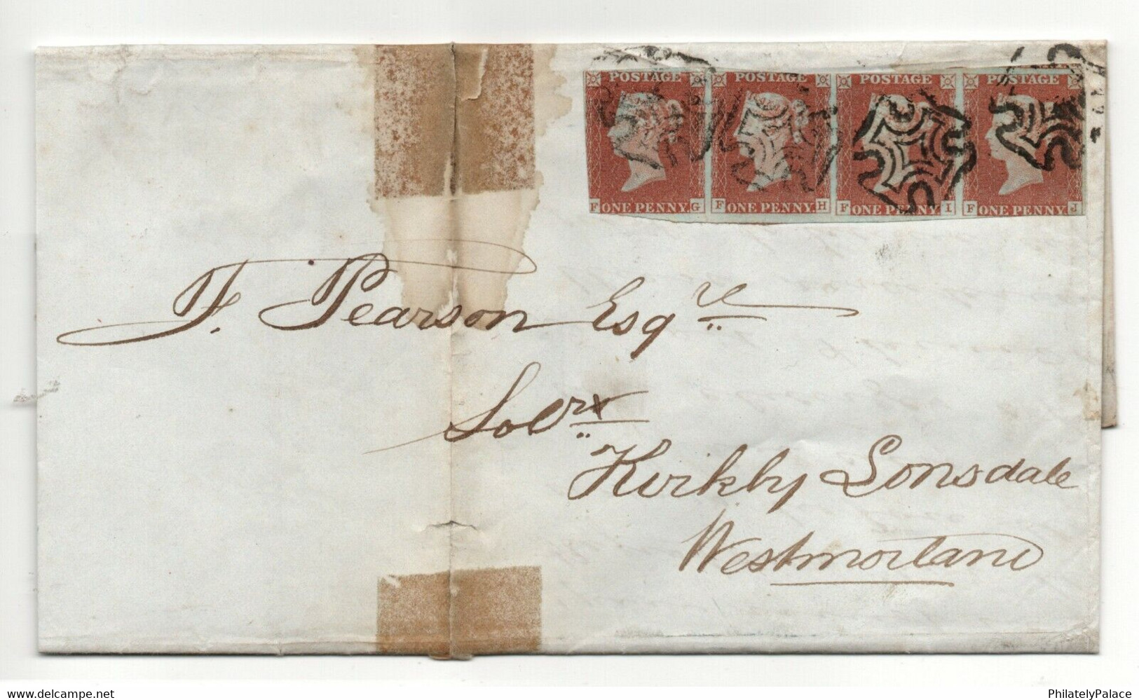 GB 1844 1d Red Imperf Strip Of 4 Black MX Cover (Entire) To Kirkby Lonsdale (**) Red Penny Strip Of Four - 1840 Mulready Envelopes & Lettersheets