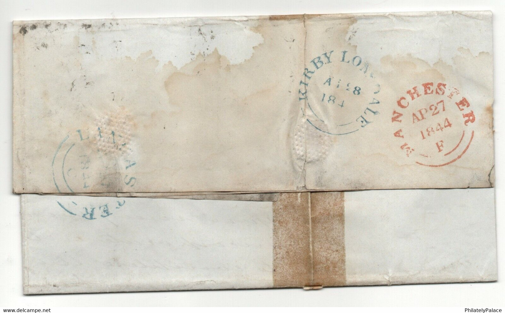 GB 1844 1d Red Imperf Strip Of 4 Black MX Cover (Entire) To Kirkby Lonsdale (**) Red Penny Strip Of Four - 1840 Mulready Envelopes & Lettersheets