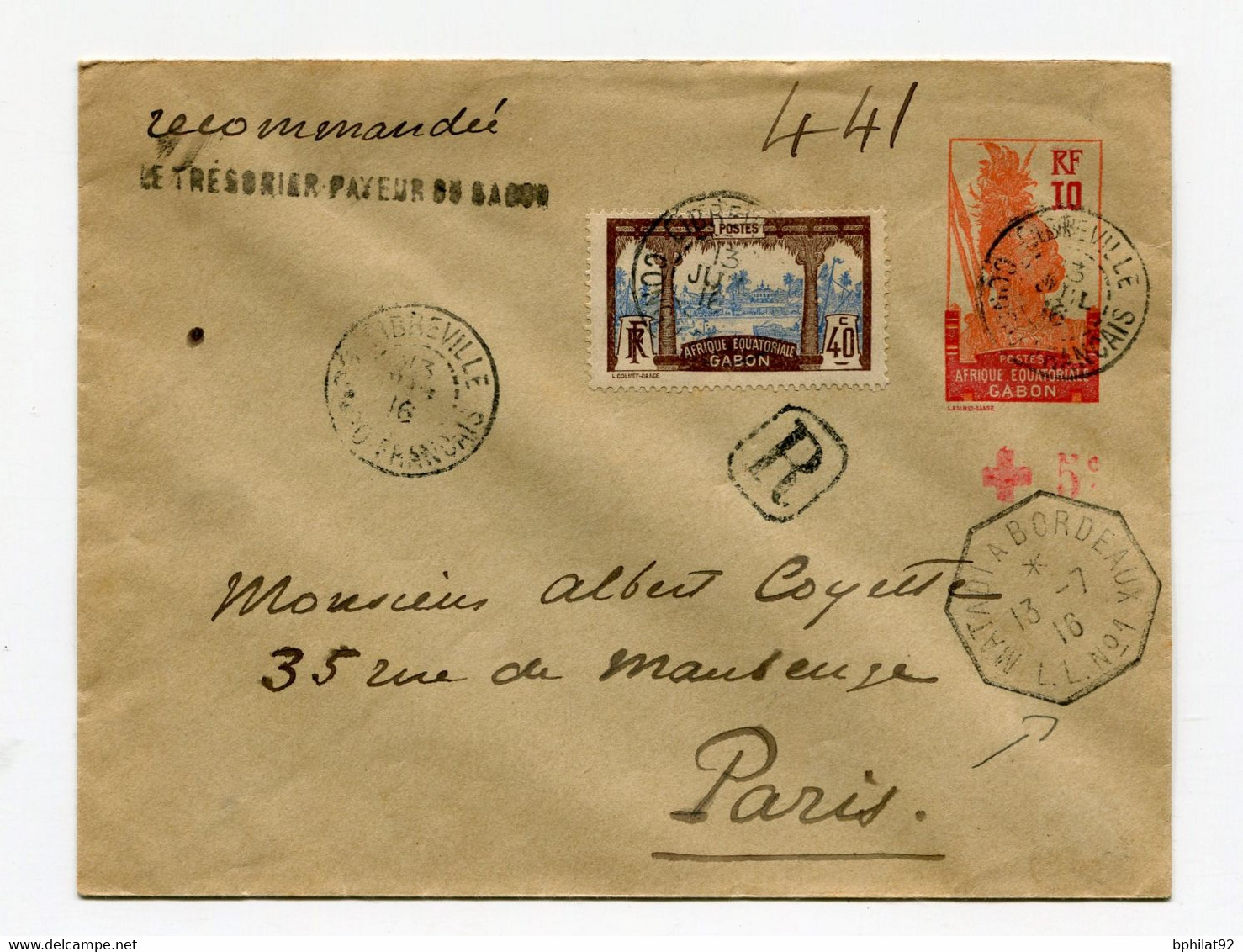 !!! GABON, ENTIER RECOMMANDE DE LIBREVILLE DE 1916 POUR PARIS, CACHET MARITIME - Covers & Documents