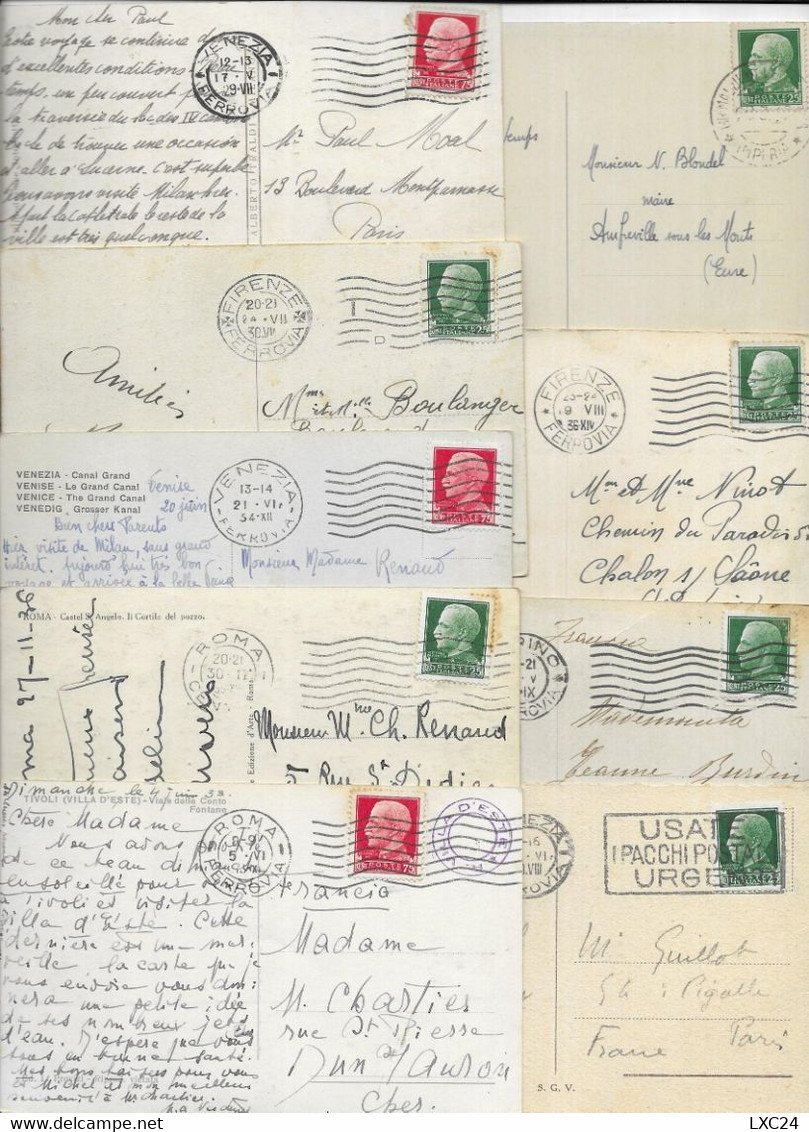 LOT OF 30 POSTCARDS WITH STAMP " VITTORIO EMANUELE III, VOLTA A SINISTRA" 25C VERDE + 75C ROSSO ".1929. ALL SCANNED. - Lotti E Collezioni