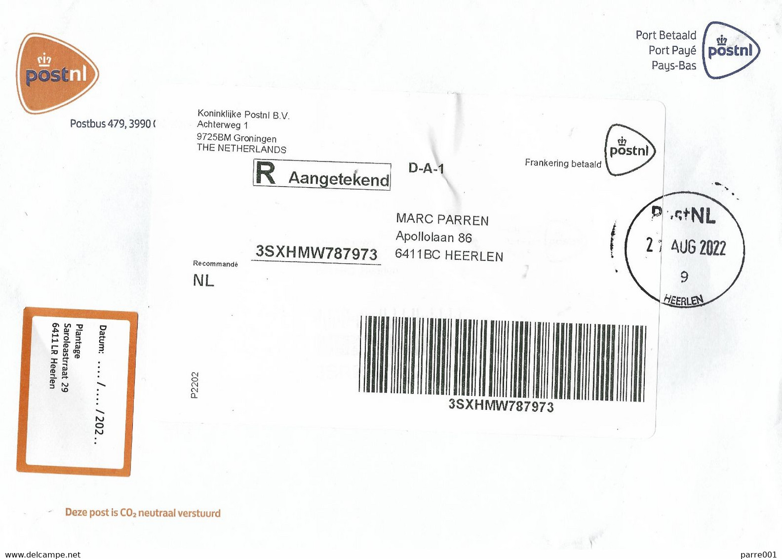 Nederland Netherlands 2022 Heerlen Unfranked Postage Paid Registered Cover - Covers & Documents