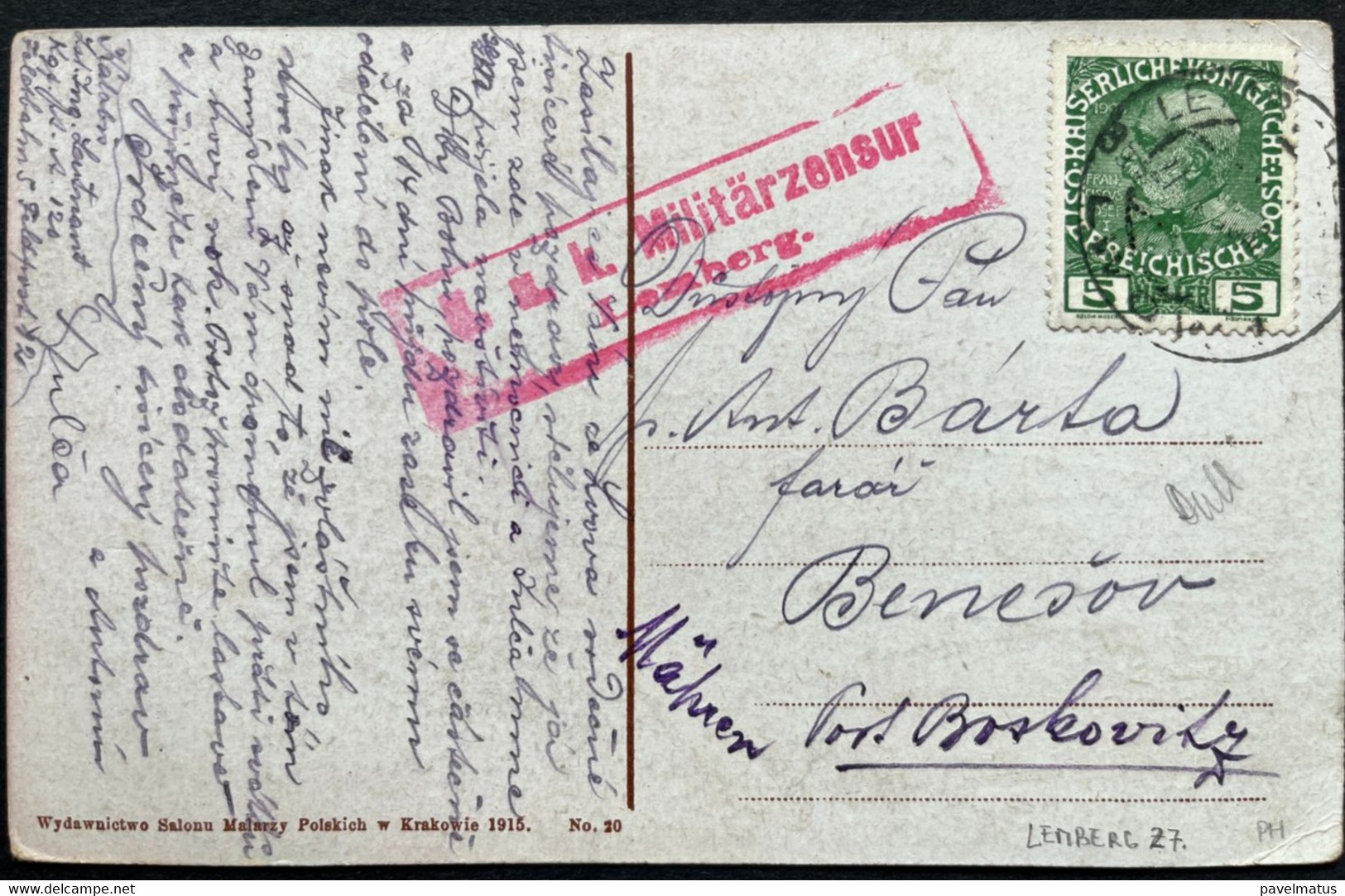 Poland  1917   Censured Austrian Period  Postcard Lwow Kosciol Sw. Elzbiety - Brieven En Documenten
