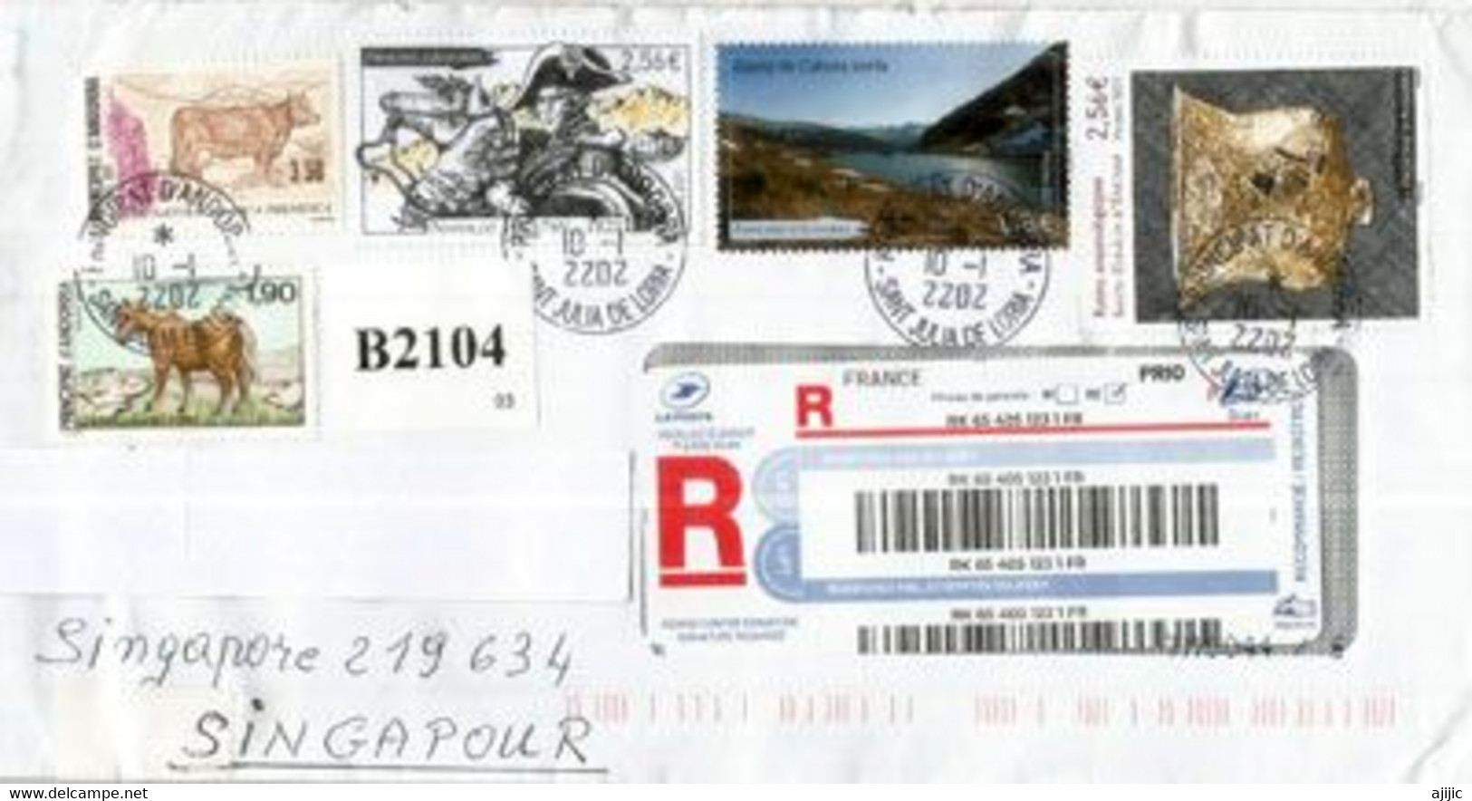 Lettre Recommandée Andorra 2022 à Singapour,avec Timbres Napoleon,Archeologie,Etang De Cabana Sorda T-p 2021 - Covers & Documents