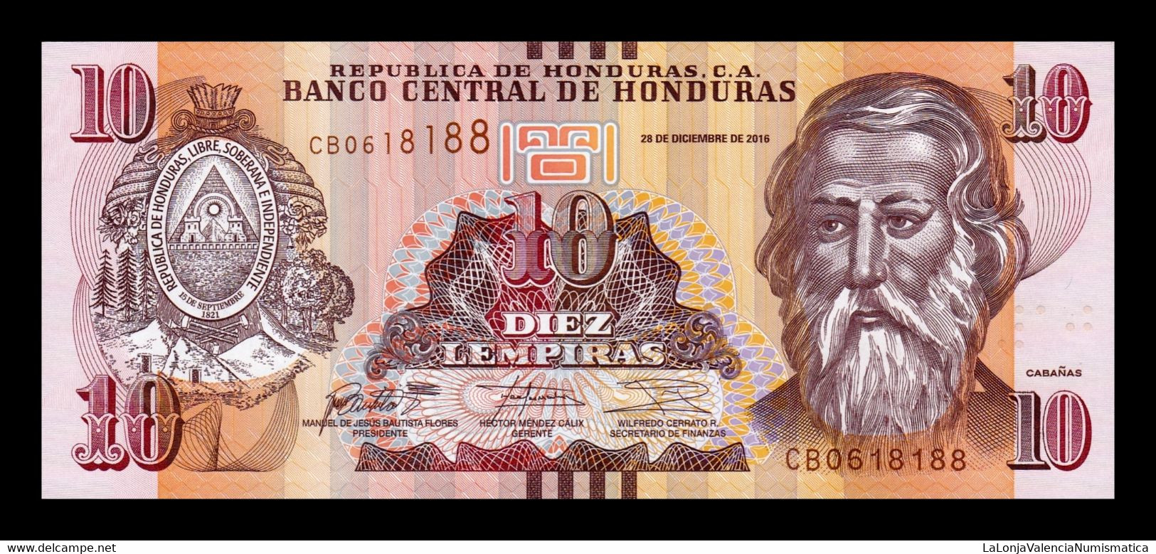 Honduras Lot 10 Banknotes 10 Lempiras José Trinidad Cabañas 2016 Pick 99c SC UNC - Honduras