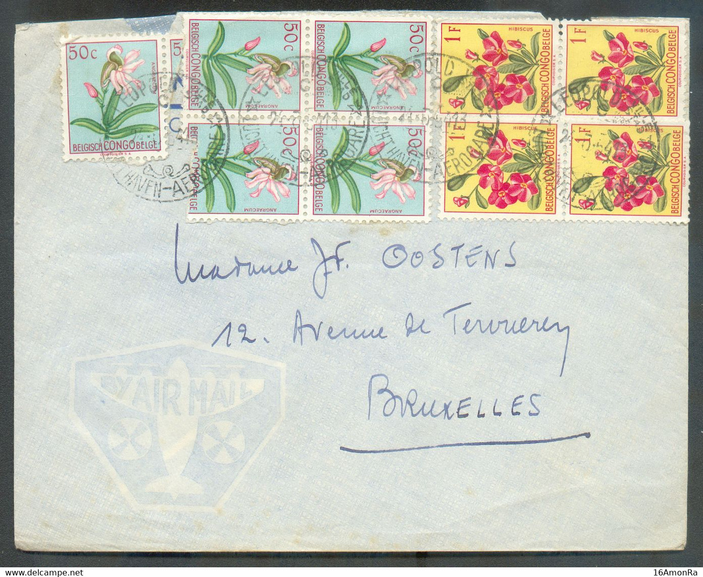 Lettre Affr. FLEURS à 6Fr.50 Obl. Sc LEOPOLDVILLE AEROGARE 24-5-1954 Vers Bruxelles - 20551 - Storia Postale