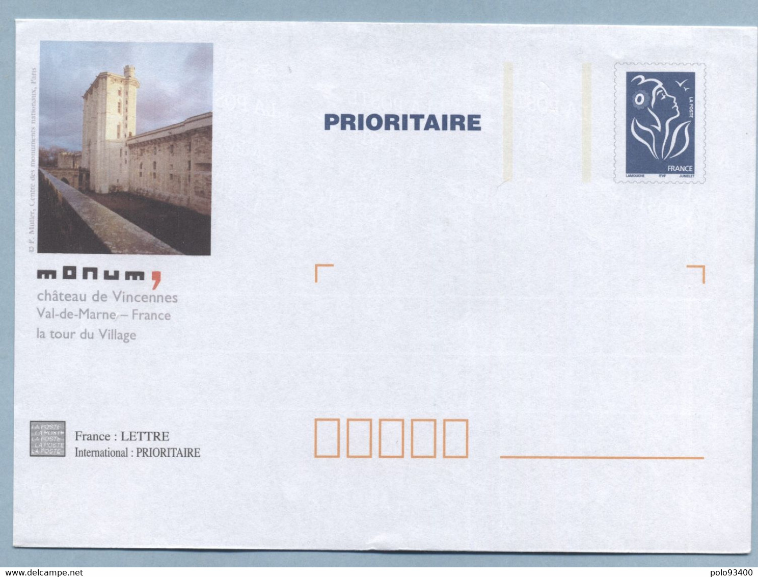 MONUM CHATEAU DE VINCENNES  LOT 909 AGREMENT B2K/0509433 - Prêts-à-poster:Stamped On Demand & Semi-official Overprinting (1995-...)