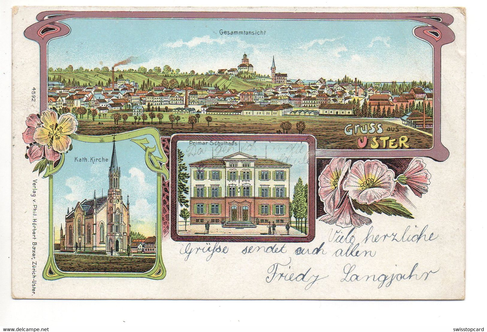 LITHO Gruss Aus USTER Jugendstil Primar Schulhaus Kath. Kirche Verlag Hörbert Uster No. 4592 Gel. 1911 N. Itzikon - Uster