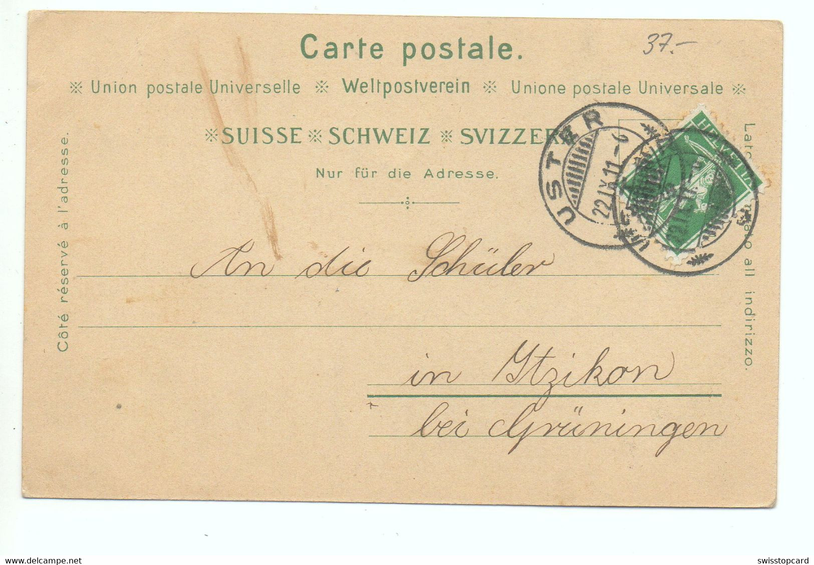 LITHO Gruss Aus USTER Jugendstil Primar Schulhaus Kath. Kirche Verlag Hörbert Uster No. 4592 Gel. 1911 N. Itzikon - Uster