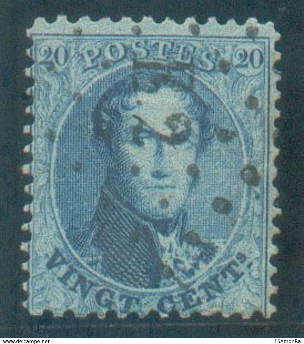 N°15 - Médaillon 20 Centimes Bleu, Obl. LP. ambulant E.2. de La Ligne Bruxelles-Verviers idéalement Apposée. N.2500. - L - 1863-1864 Médaillons (13/16)