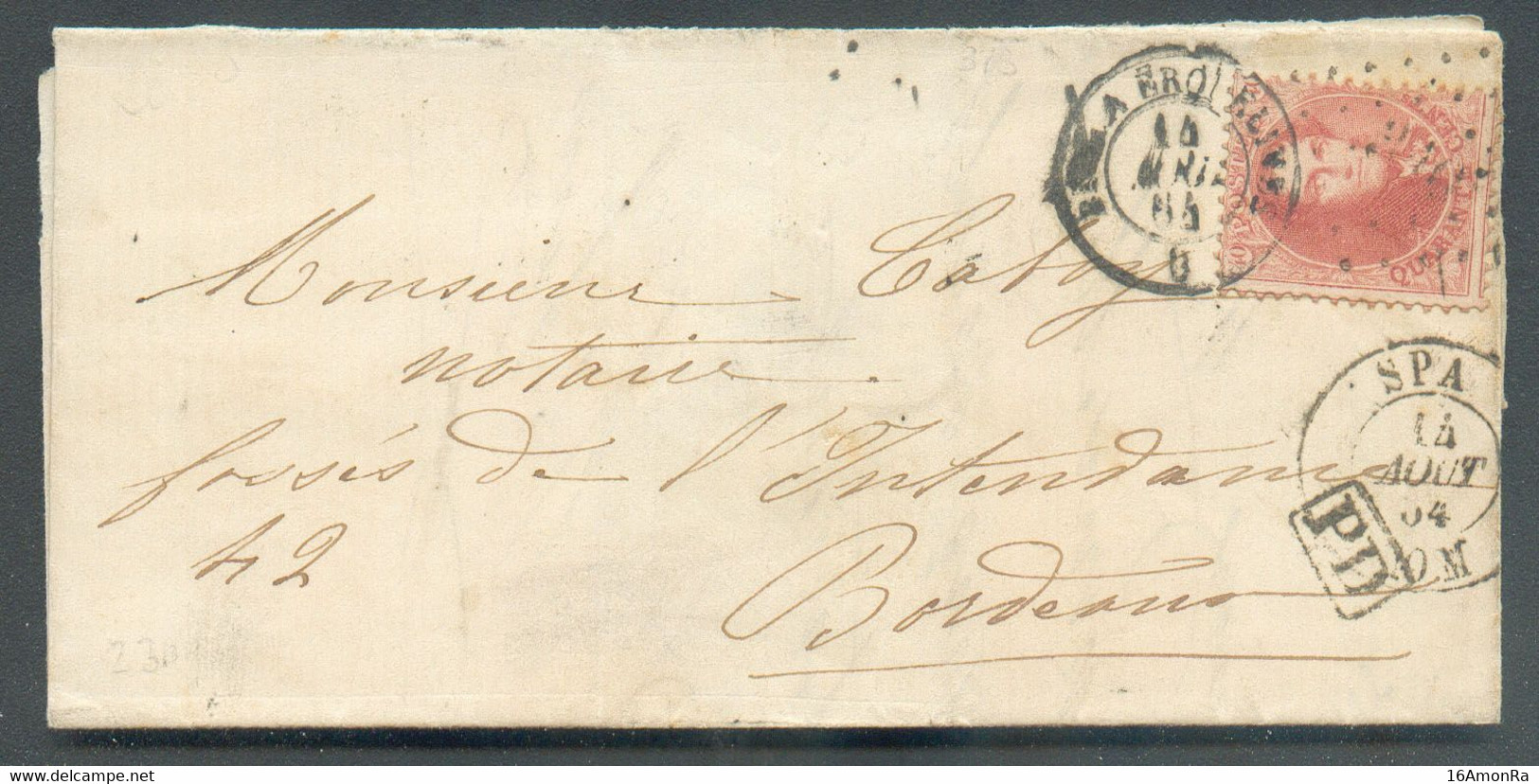 N°16 - Médaillon 40 Centimes Carmin-rose, Obl. LP.340 S/L. De SPA le 14 Août 1864 Vers Bordeaux - Verso : Dc MIDI III. - - 1863-1864 Medaillen (13/16)