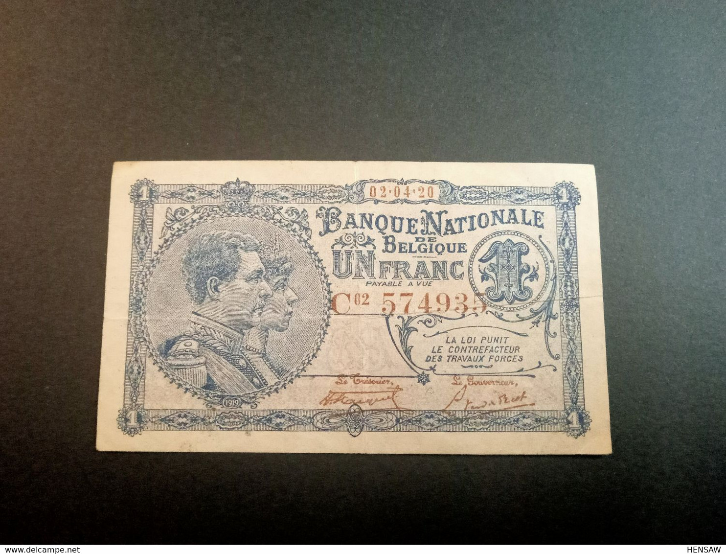 BELGIUM 1 FRANC P 92 RARE DATE 02 04 1920 USED USADO - 1 Franc