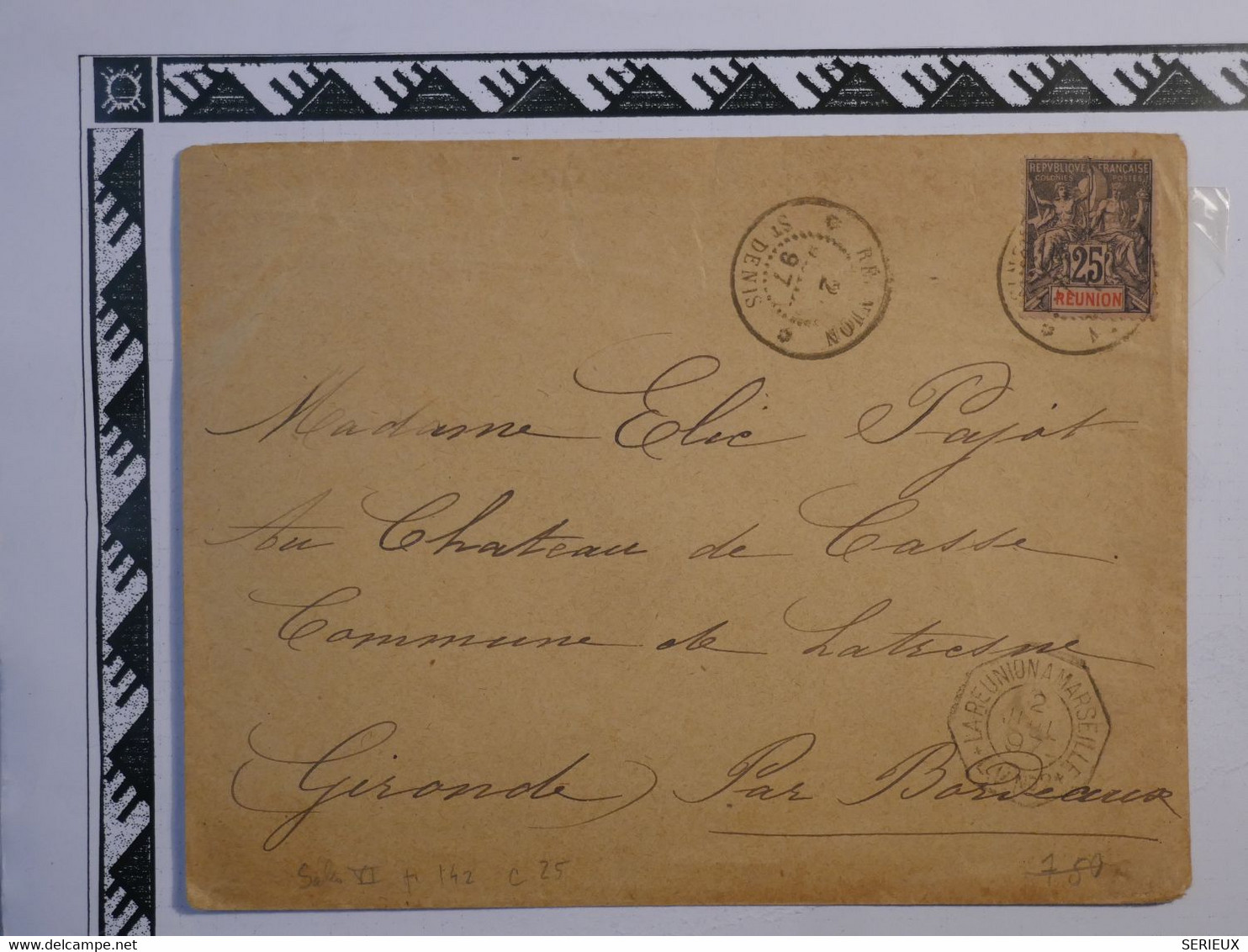 BK5 LA REUNION  BELLE  LETTRE RR 1897  SAINT DENIS  AU CHATEAU DE CASSE GIRONDE FRANCE +C. OCTOGONAL +AFFR PLAISANT ++++ - Cartas & Documentos