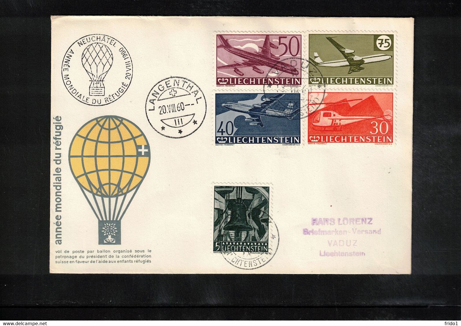 Liechtenstein 1960 World Refugees Year Ballonpost - Cartas & Documentos