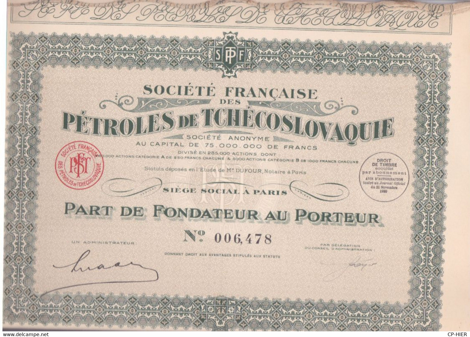 ACTIONS TITRES - SOCIETE FRANCAISE PETROLES DE TCHECOSLOVAQUIE  - ACTION DE 100 F AU PORTEUR - Oil