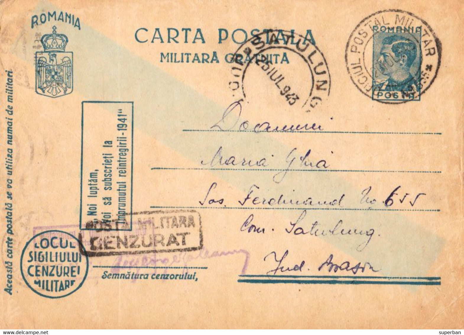 ROMANIA : CARTE ENTIER POSTAL / STATIONERY POSTCARD - MAILED By MILITARY POST : O. P. M. Nr. 555 - 1943 (ak910) - 2. Weltkrieg (Briefe)