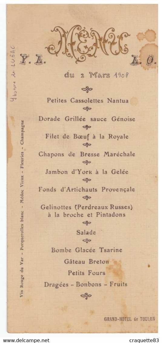 MENU    GRAND HOTEL DE TOULON  2 MARS 1908 - Menus