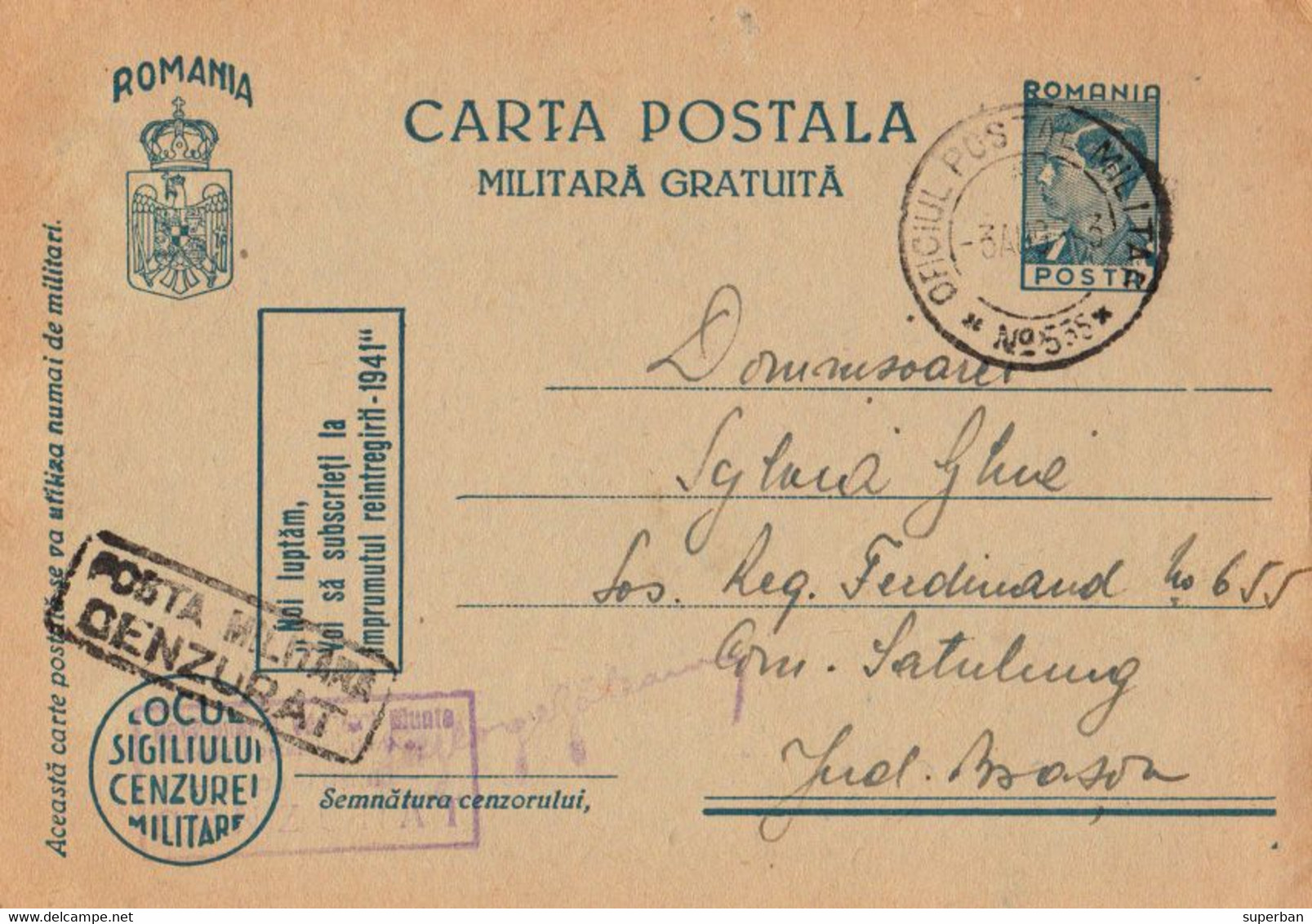 ROMANIA : CARTE ENTIER POSTAL / STATIONERY POSTCARD - MAILED By MILITARY POST : O. P. M. Nr. 555 - 1943 (ak912) - 2de Wereldoorlog (Brieven)