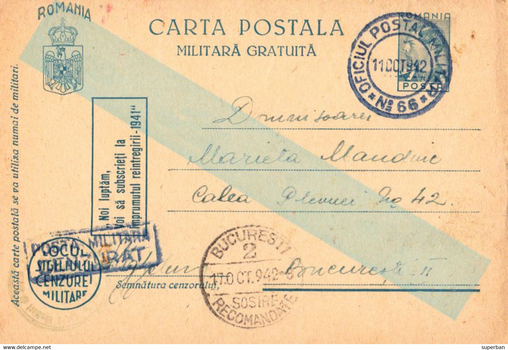 ROMANIA : CARTE ENTIER POSTAL / STATIONERY POSTCARD - MAILED By MILITARY POST : O. P. M. Nr. 66 - 1942 (ak913) - 2de Wereldoorlog (Brieven)