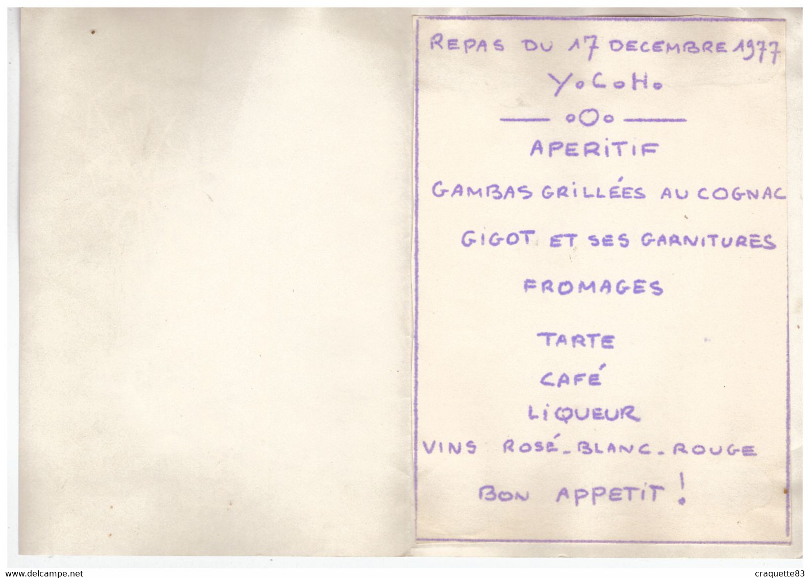 C.E.S.  SAINT JEAN DU VAR- REPAS DU 17 DECEMBRE 1977  Y.C.H. - Menus