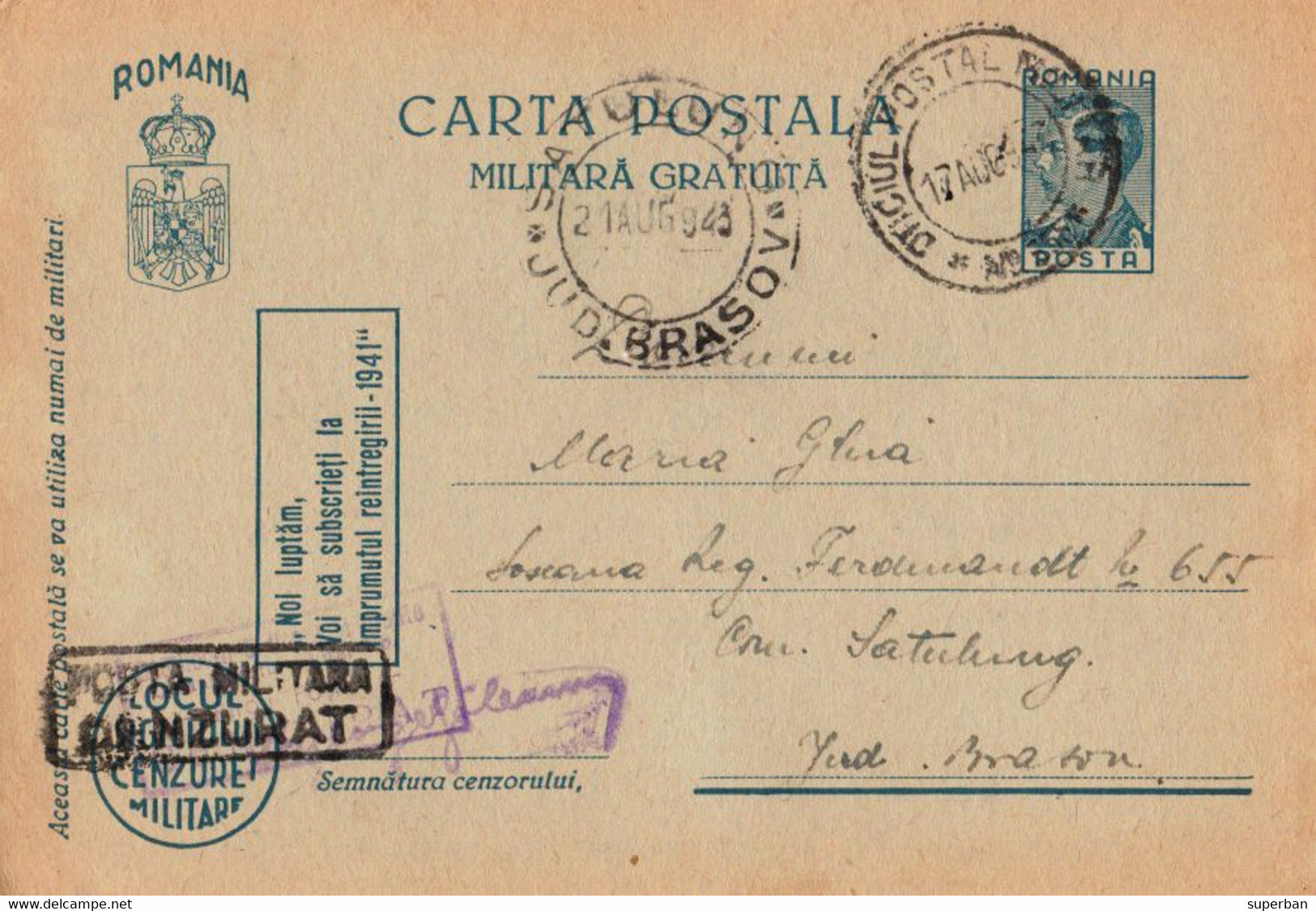 ROMANIA : CARTE ENTIER POSTAL / STATIONERY POSTCARD - MAILED By MILITARY POST : O. P. M. Nr. 555 - 1943 (ak914) - Lettres 2ème Guerre Mondiale