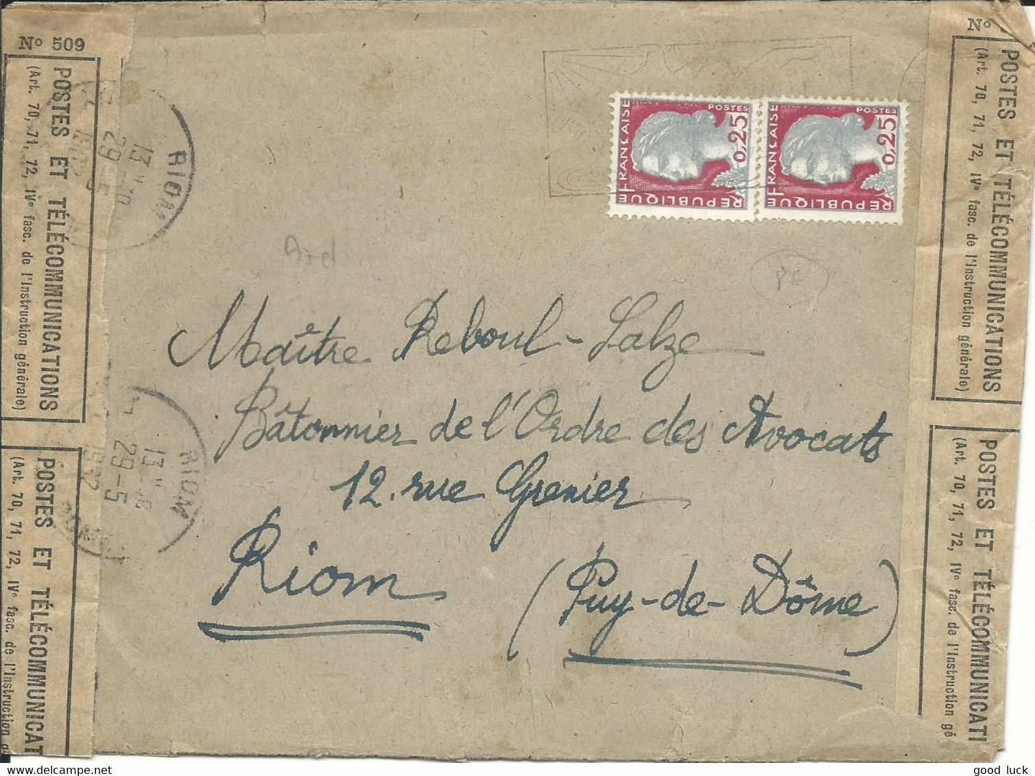 LETTRE à 0.50 REPAREE POUR RIOM ( PUY DE DOME ) DE 1962 LETTRE COVER - 1961 Marianne Of Cocteau