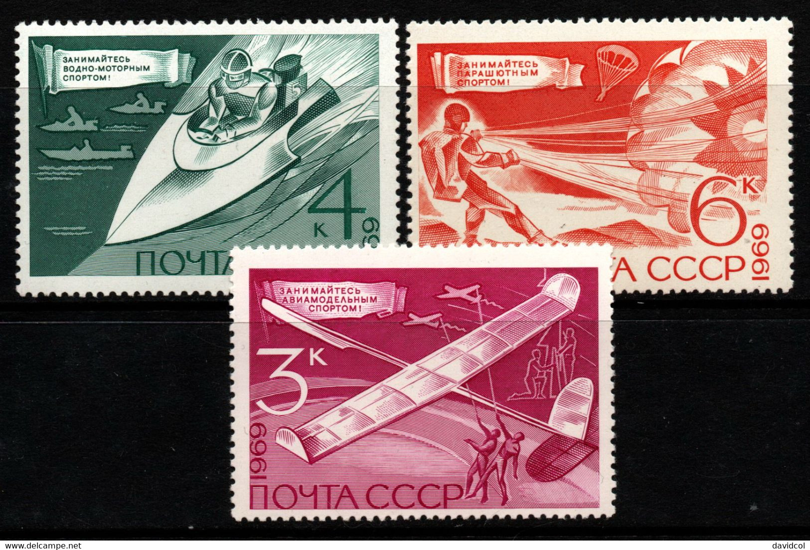 0459- URSS - 1969 - SC#: 3684-3686 - MNH - PARACHUTE JUMPING, MODEL AIRCRATF, MOTORBOATS - TECHNICAL SPORTS - Parachutting