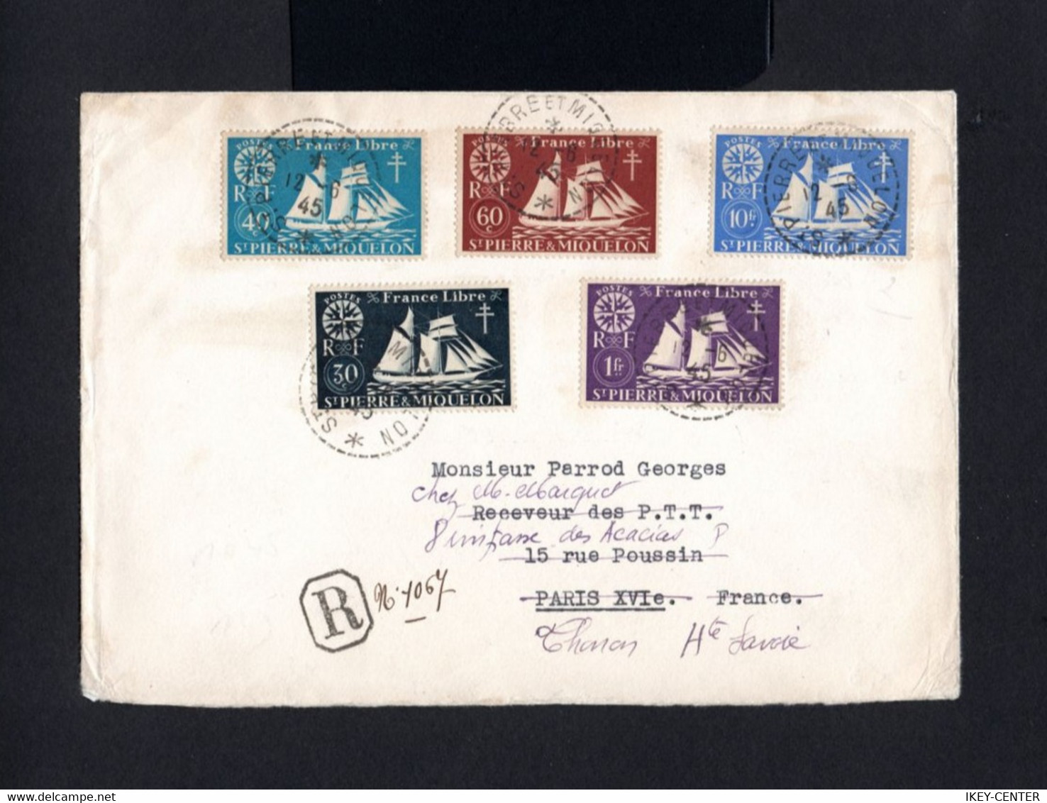 14694-SAINT PIERRE Et MIQUELON-REGISTERED COVER SPM To THONON Les BAINS (france) 1945.WWII.FRENCH COLONIES.Enveloppe - Briefe U. Dokumente