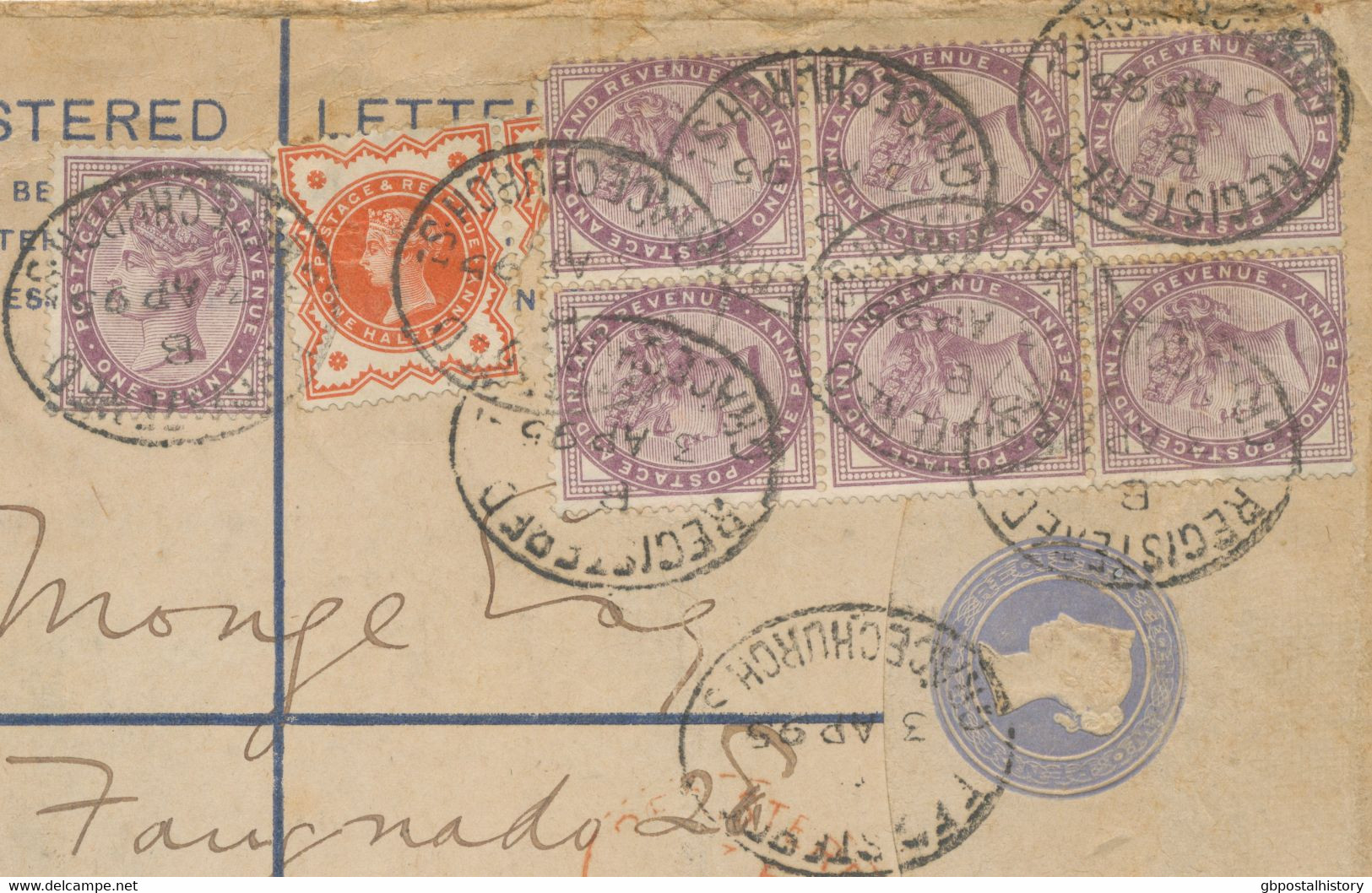 GB 1895 QV 2d VF Postal Stationery Registered Env Size H Uprated W 1d Lilac (block Of 6 + Single Stamp) And Jubilee ½d - Storia Postale