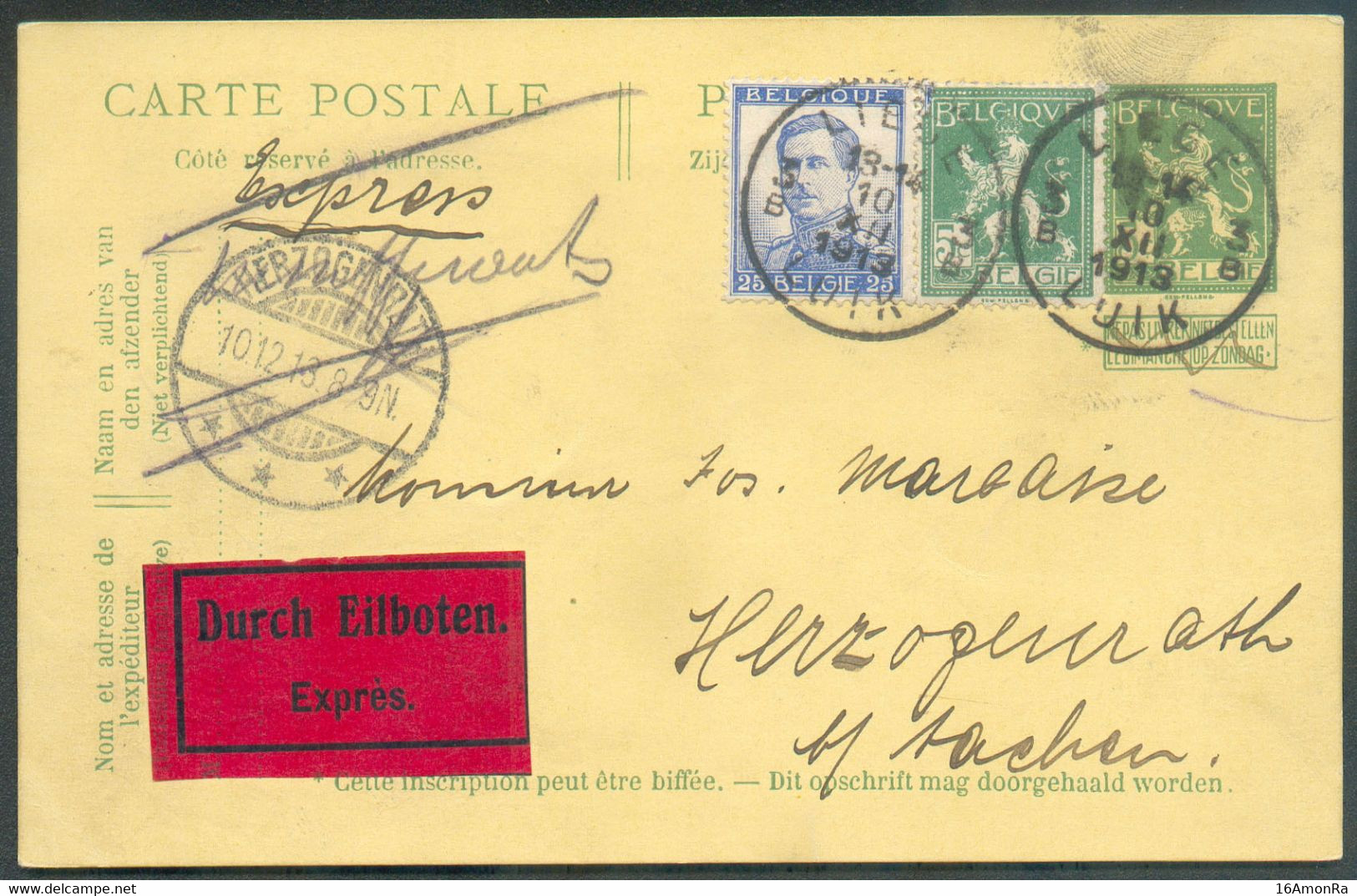 N°110-125 - 5 Et 25 Centimes En Affr. Complémentaire Sur E.P. Carte 5 Cent. PELLENS obl. Sc LIEGE 3 en EXPRES (Etiq.) Du - Briefkaarten 1909-1934