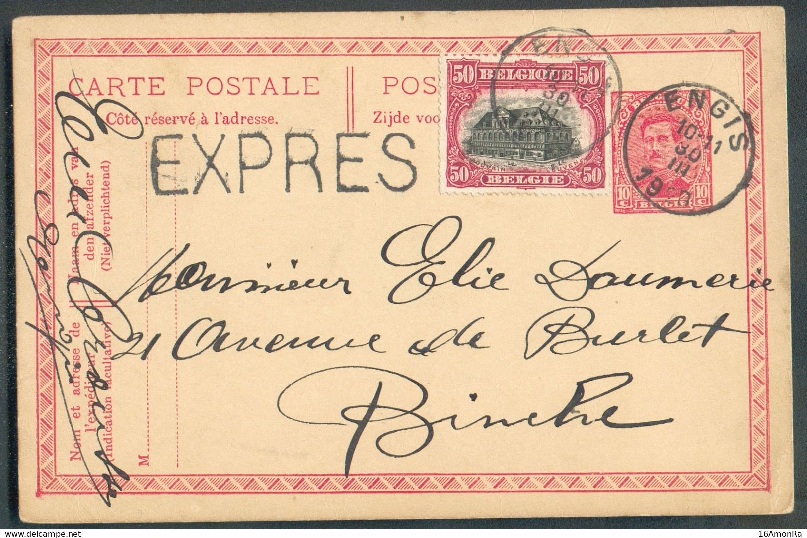 N°144 En Affr. Compl. S/E.P. Carte 10 Cent. Obl. Sc ENGIS en Exprès Le 30-III-1920 Vers Binche. - TB -  20614 - Postkarten 1909-1934