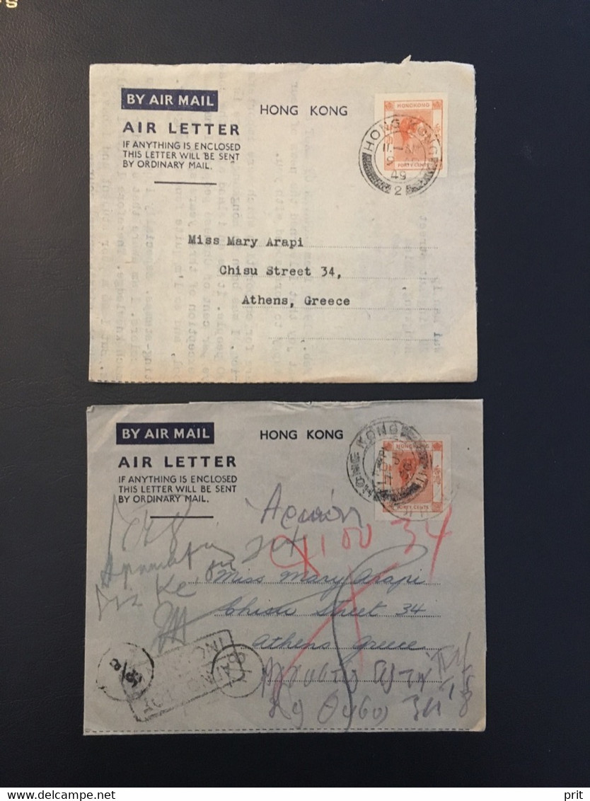 Hong Kong 1949/1950 2 Postal Stationery/Air Letters To Greece. Nice Cancels - Postal Stationery