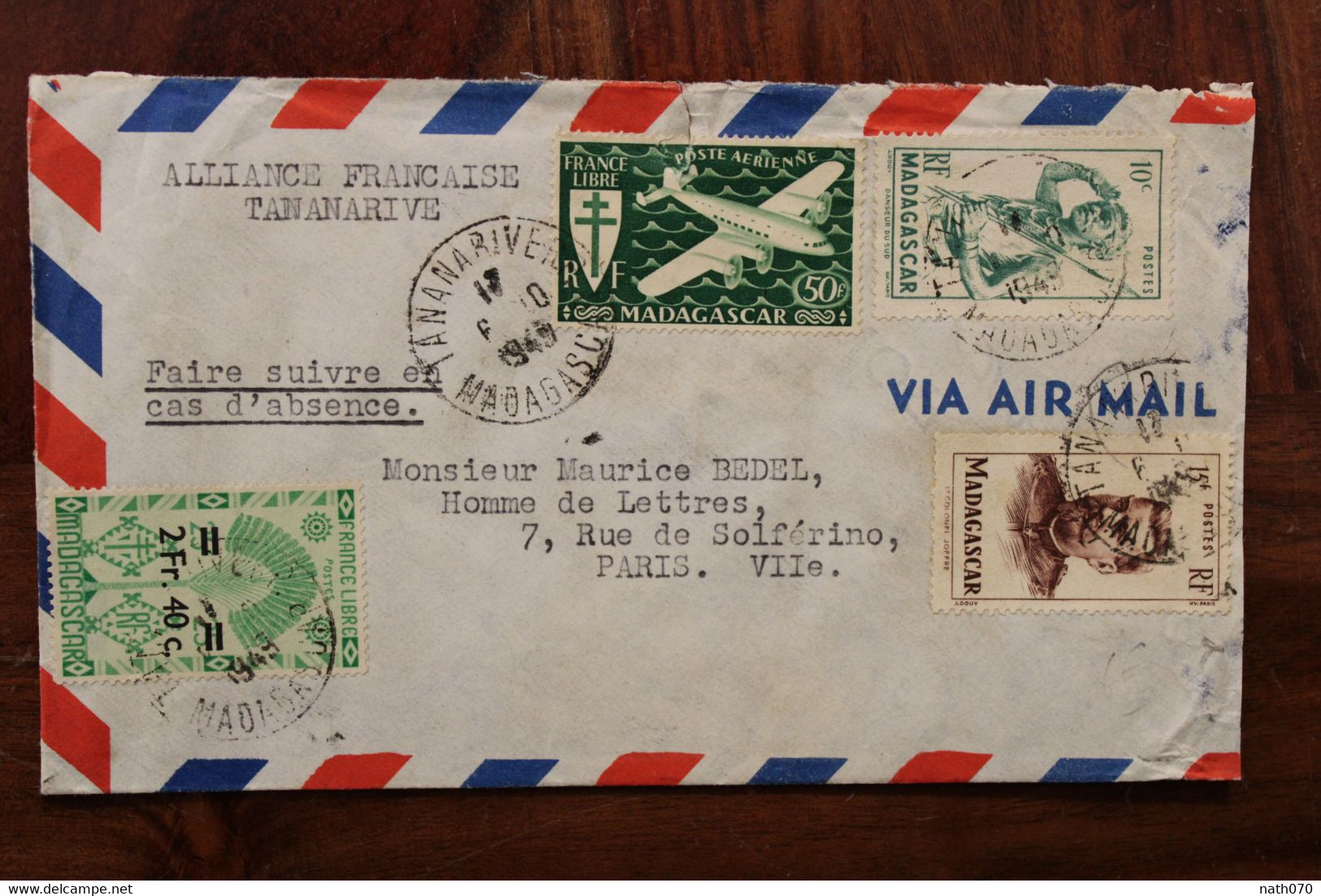 1949 Madagascar France Cover Air Mail France Libre Alliance Française - Lettres & Documents