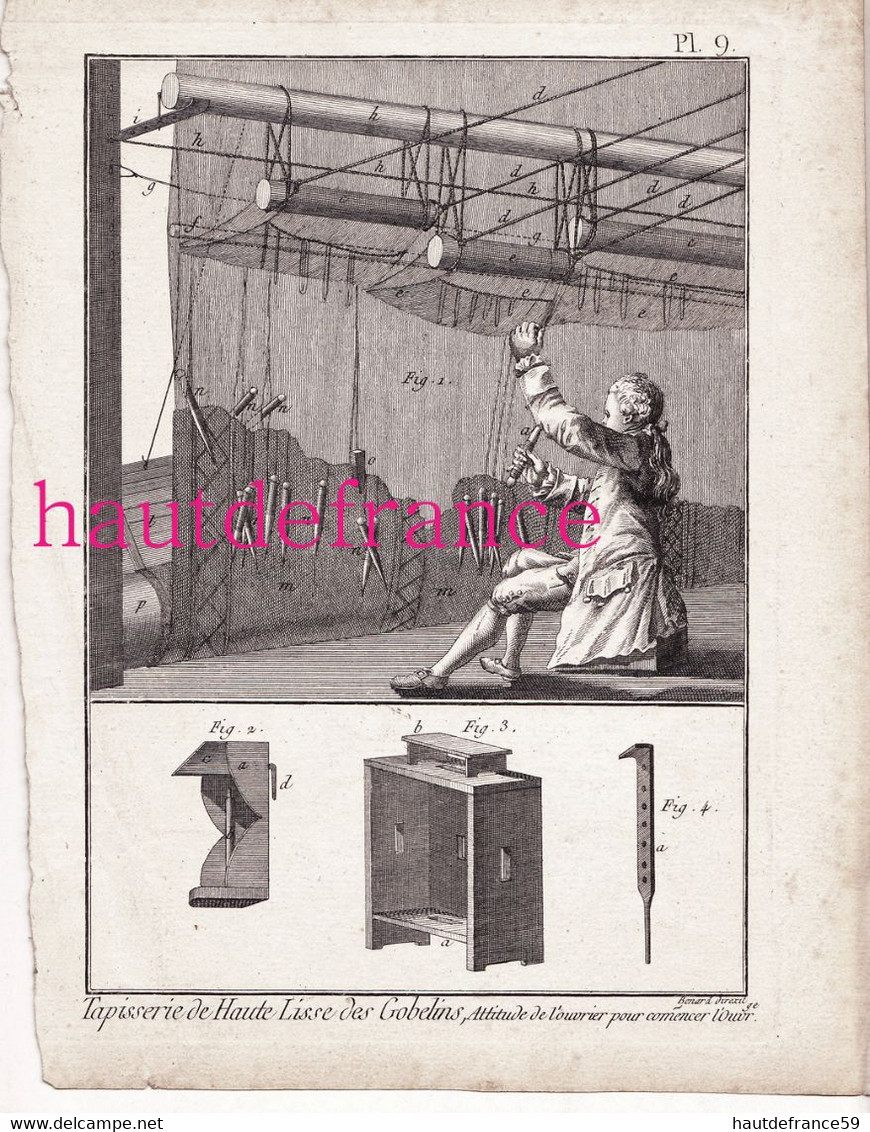 Ancienne Planche Originale Bernard Direxit 1780 Métier Fabrication TAPISSERIE DE HAUTE LISSE Des GOBELINS Ouvrier - Teppiche & Wandteppiche
