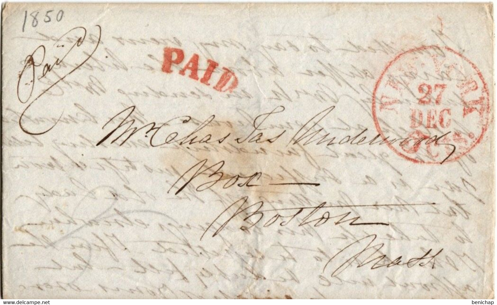 (R79) USA - Cover 27 Déc 1850 - Red Postal Markings Paid - Boston - Red Cancellation - Staten Island. - …-1845 Vorphilatelie