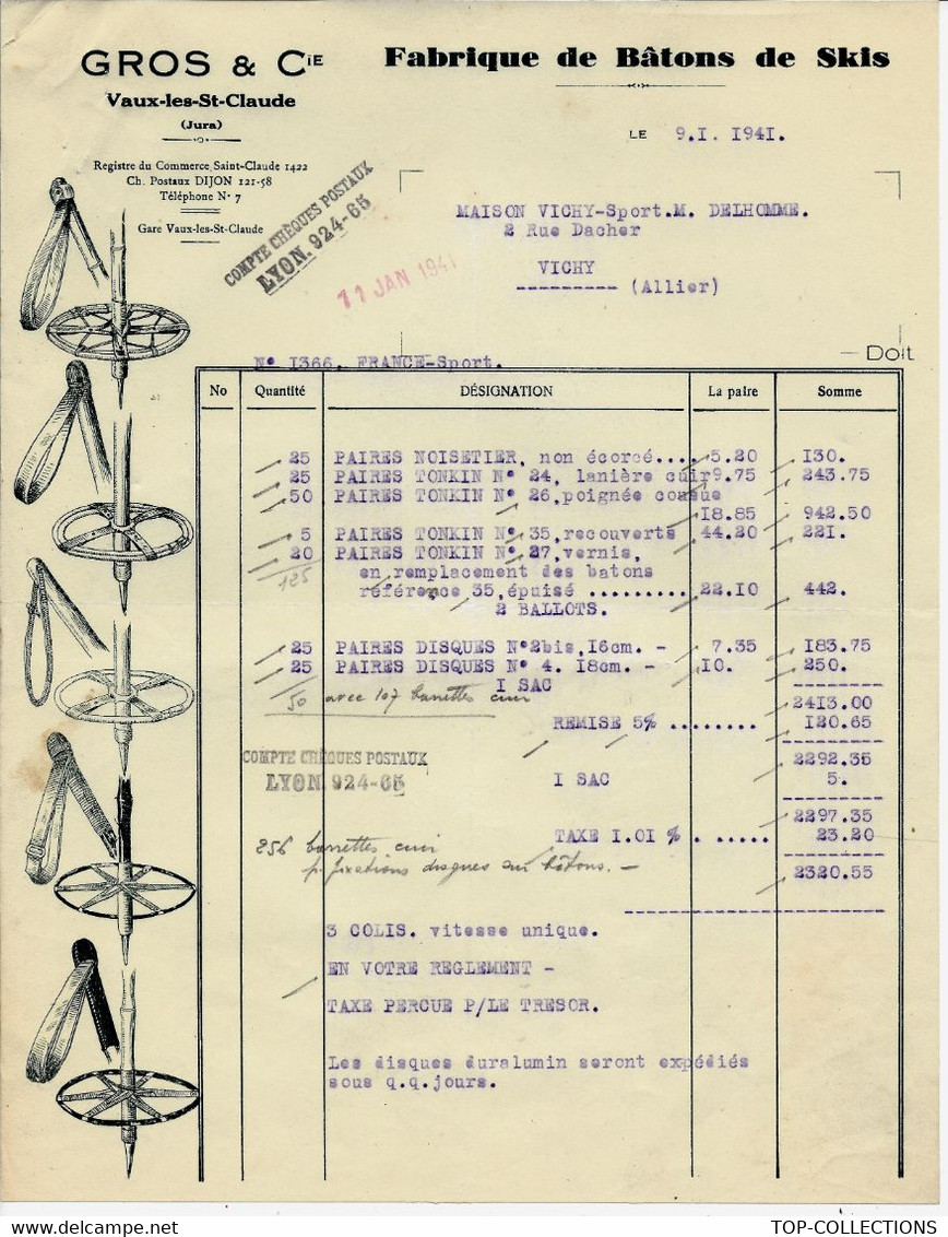 1941 FABRIQUE DE BATONS DE SKIS Gros à Vaux Les St Claude Jura Pour Delhomme à Vichy Allier B.E.V.SCANS - 1900 – 1949