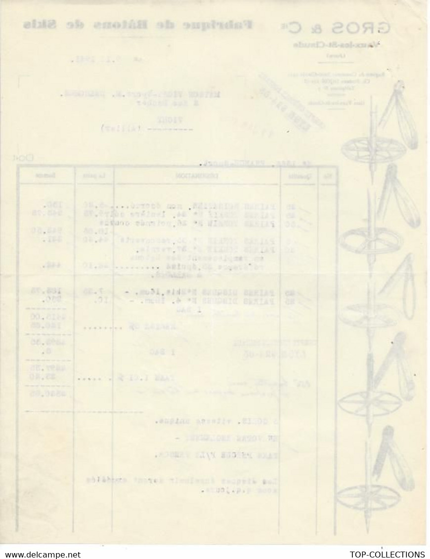 1941 FABRIQUE DE BATONS DE SKIS Gros à Vaux Les St Claude Jura Pour Delhomme à Vichy Allier B.E.V.SCANS - 1900 – 1949