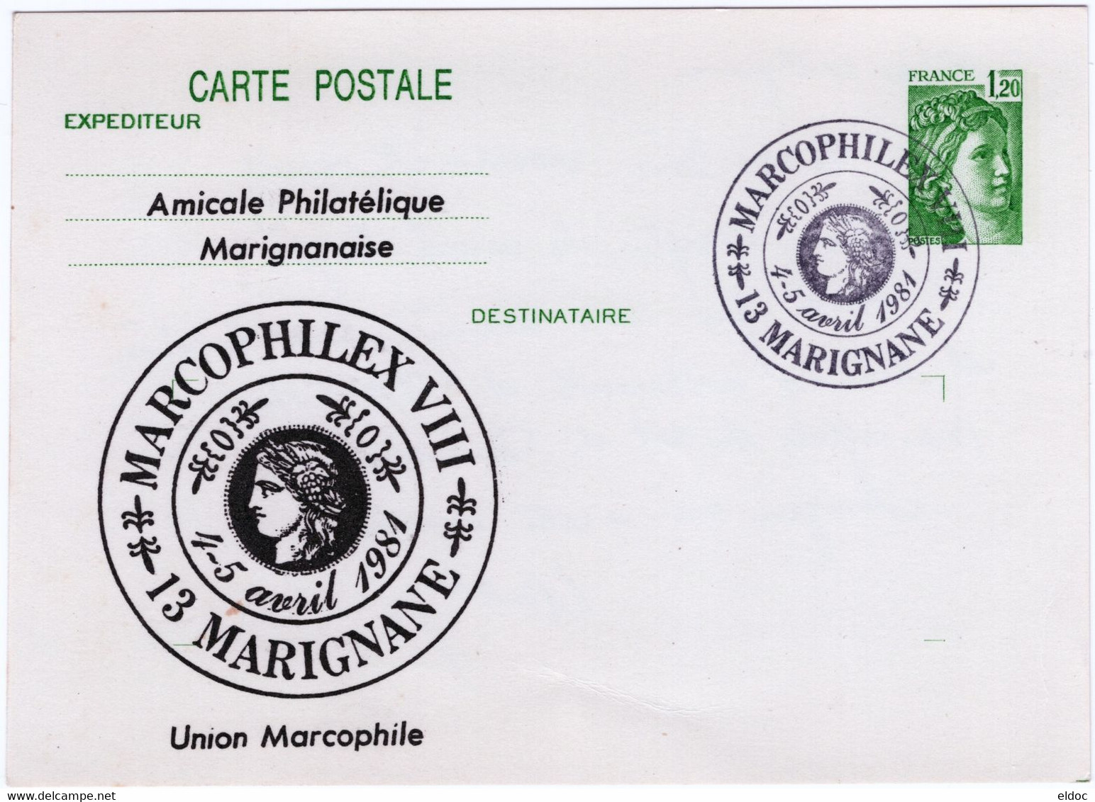 Entier Postal  N° 2101 (1,20 Sabine) Repiqué MARIGNANE 1981 - Umschläge Mit Aufdruck (vor 1995)