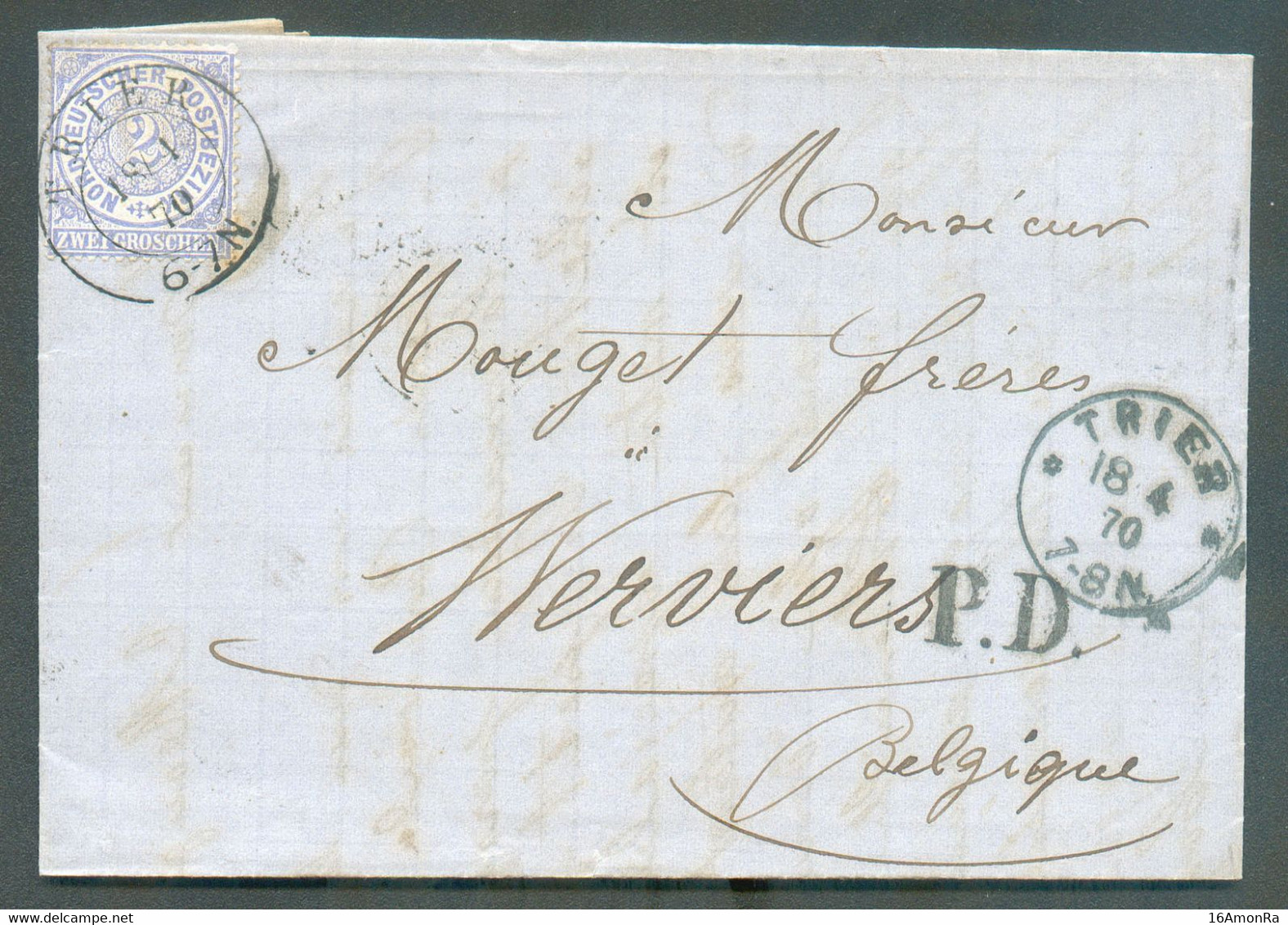 N°16 - 2Gr. Bleu Obl. Dd TRIER 18-4 70 sur Lettre Vers Verviers - Verso : Sc ALLEMAGNE PAR NAMUR rare. Vdl 85. - B/TB - - Grenzübergangsstellen