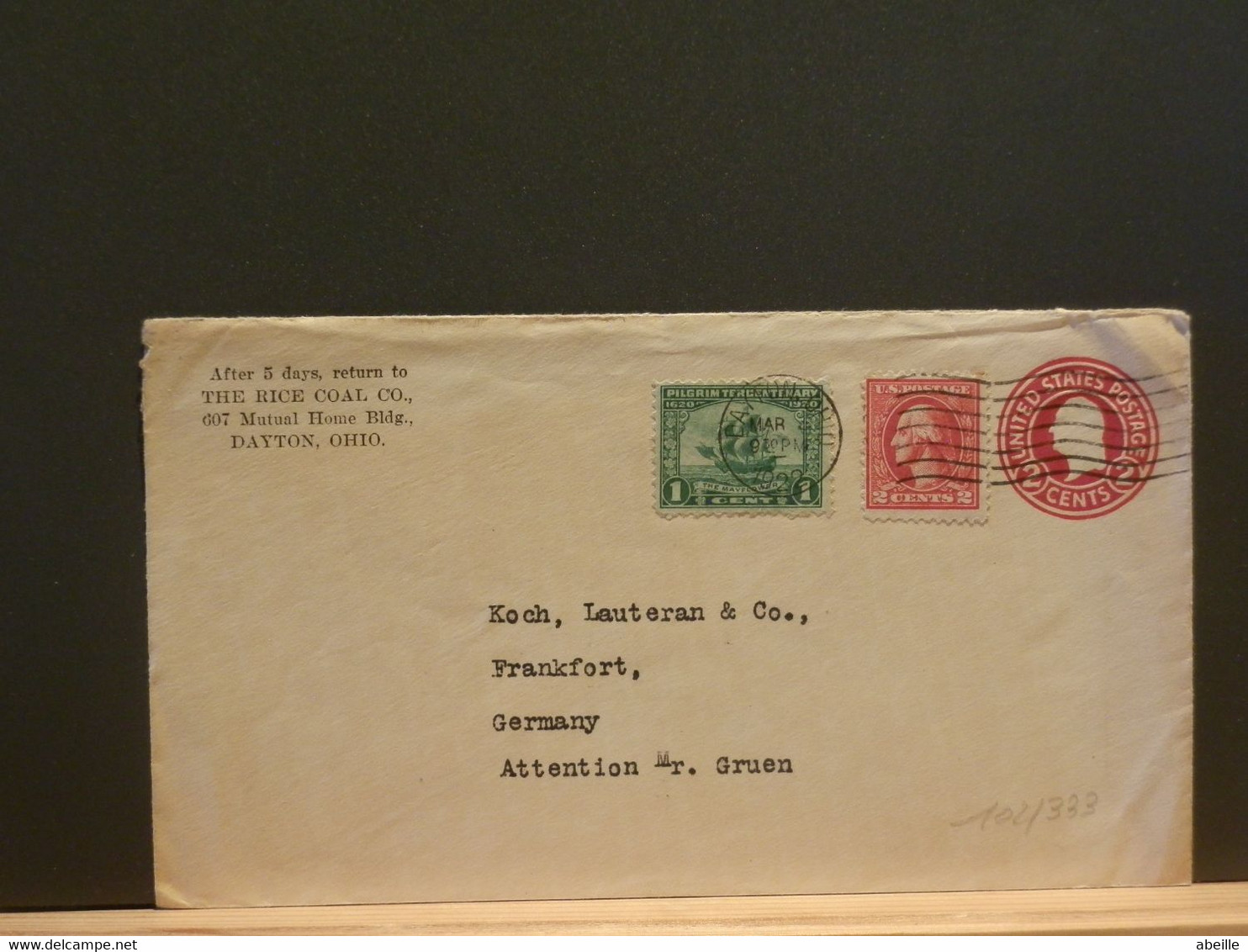 102/333  ENVELOPPE  USA TO GERMANY   PIQUAGE PRIVE ADRESS  1922 - 1921-40