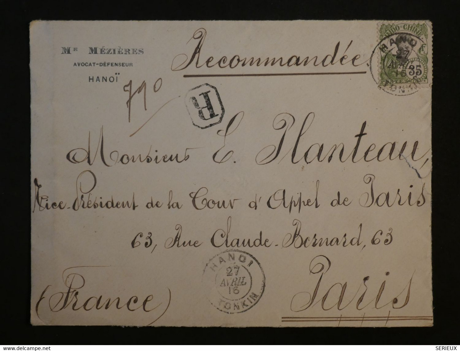 BK6  INDOCHINE  BELLE LETTRE 1916 HANOI  A PARIS FRANCE+ 35C  ++AFFRANCH. INTERESSANT++ - Cartas & Documentos