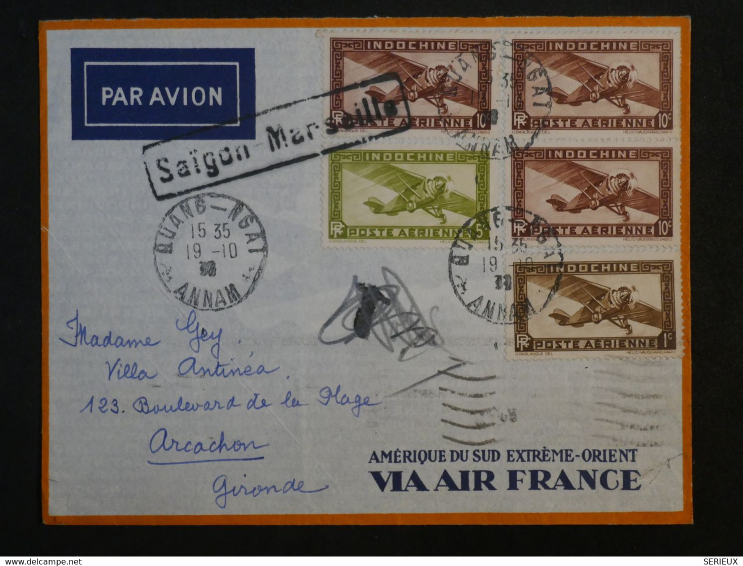 BK6  INDOCHINE  BELLE LETTRE 1936 PETIT BUREAU CUANG NGAI +SAIGON   A PARIS FRANCE++AFFRANCH. INTERESSANT++ - Airmail