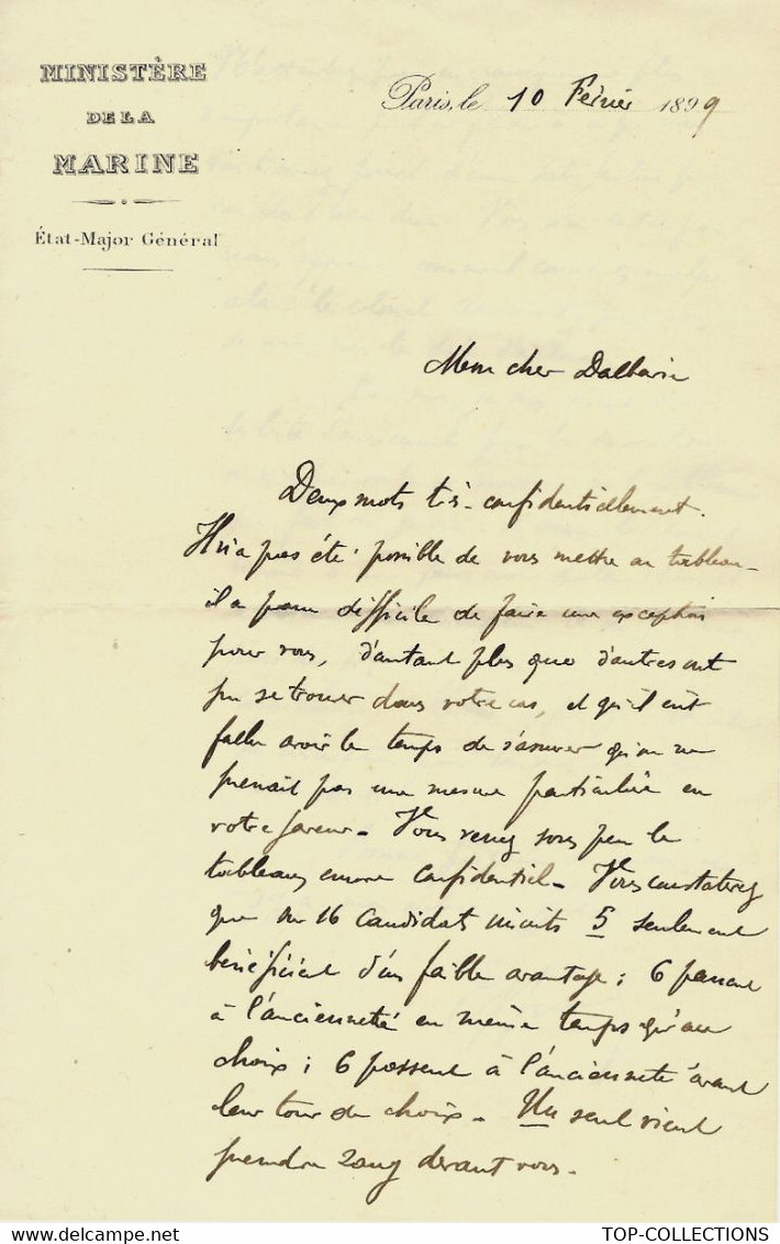 LE PISTON EST « Grippé »1899   ENTETE ETAT MAJOR GENERAL MINISTERE DE LA MARINE AVANCEMENT VOIRTEXTE + SCANS - Documentos Históricos