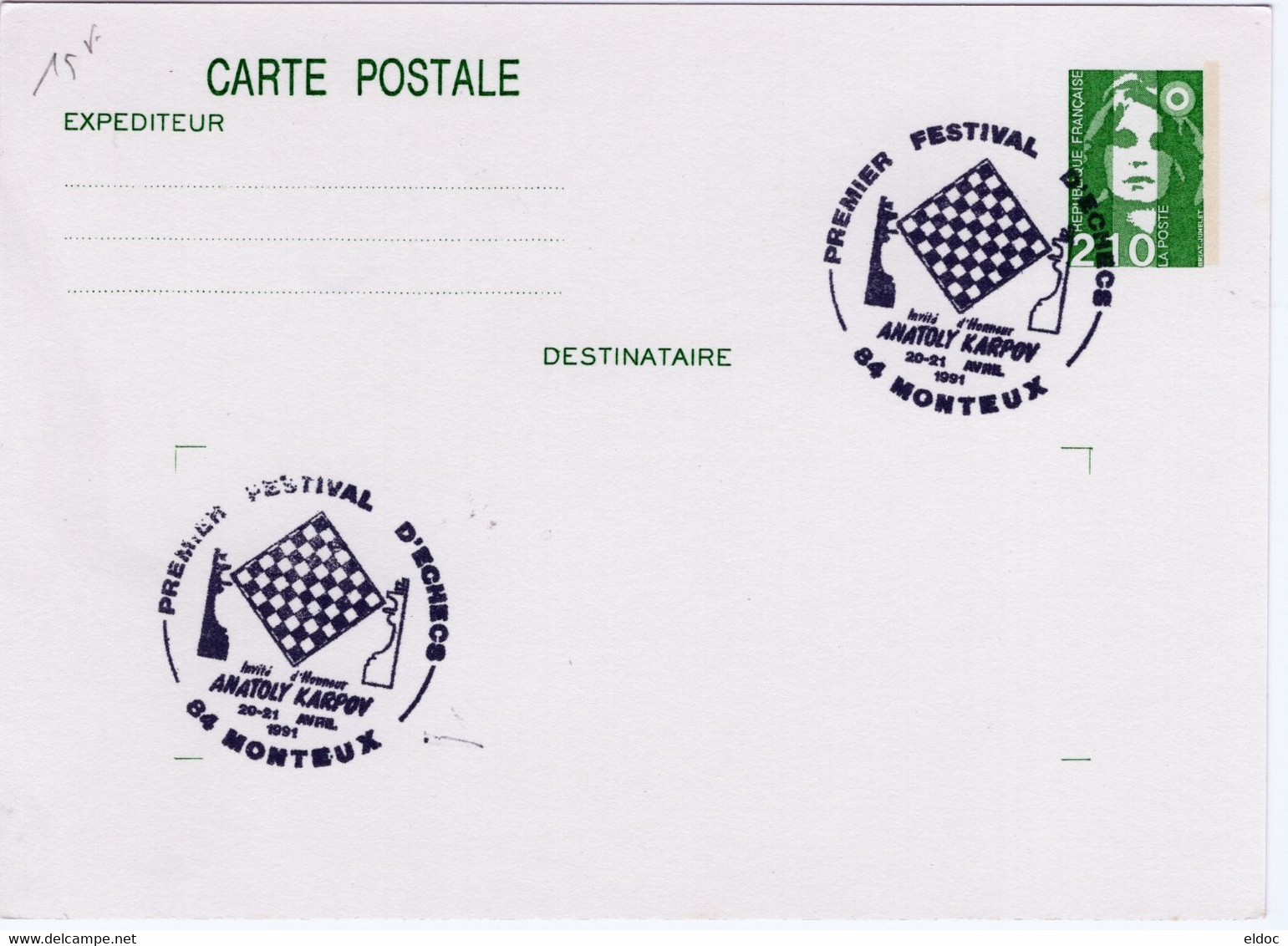 Entier Postal  N° 2622 (2,10 BRIAT) MONTEUX 1991 Festival Jeux D'échecs - Overprinted Covers (before 1995)