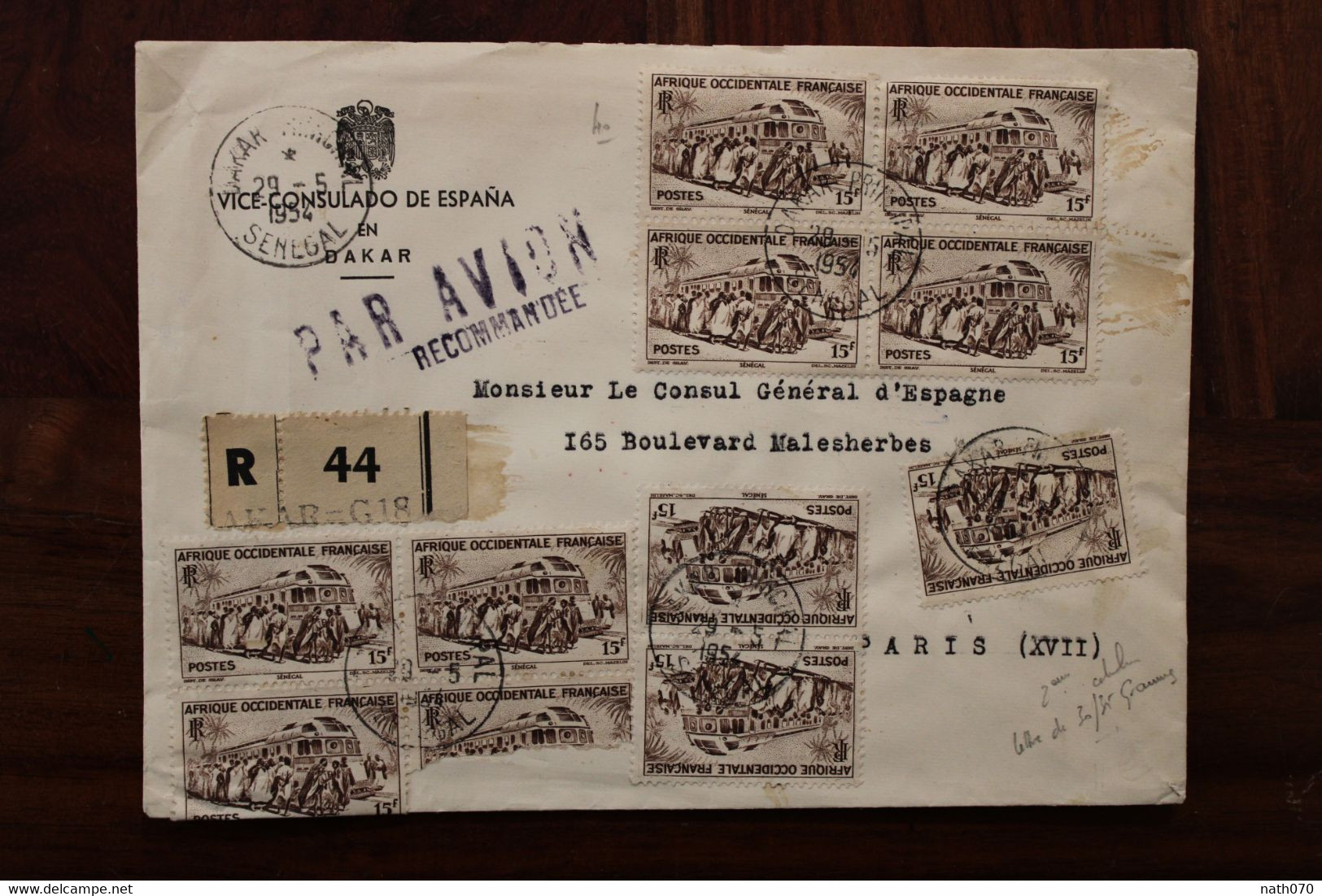 1954 SENEGAL France Enveloppe Consulado Espana Spain Espagne Cover Air Mail Colonies AOF Recommandé Registered R - Covers & Documents