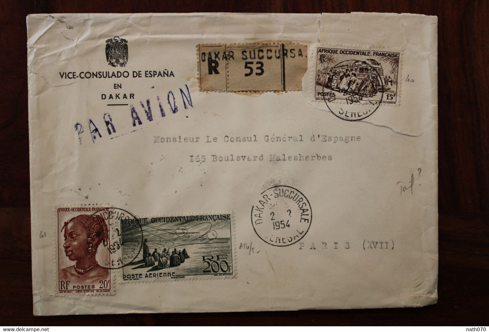 1954 SENEGAL France Enveloppe Consulado Espana Cover Air Mail Colonies AOF Recommandé Registered R - Briefe U. Dokumente