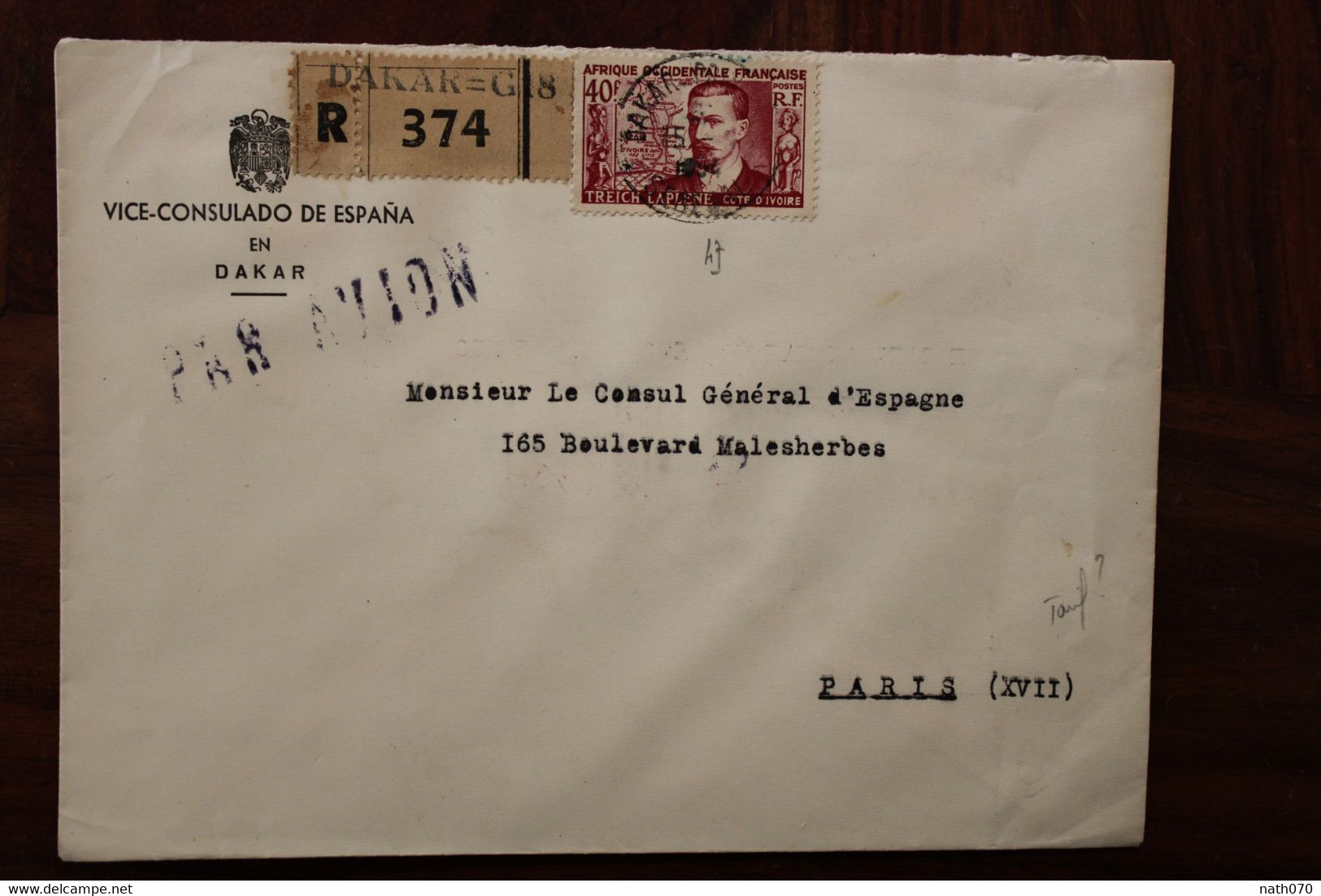 1954 SENEGAL France Enveloppe Consulado Espana Cover Air Mail Colonies AOF Recommandé Registered R - Cartas & Documentos