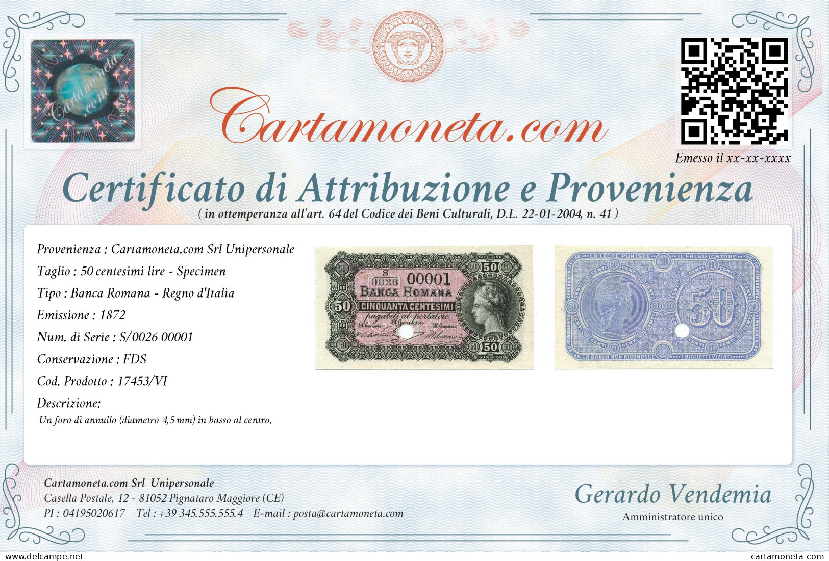 50 CENTESIMI LIRE SPECIMEN BANCA ROMANA REGNO D'ITALIA 1872 FDS - Autres & Non Classés