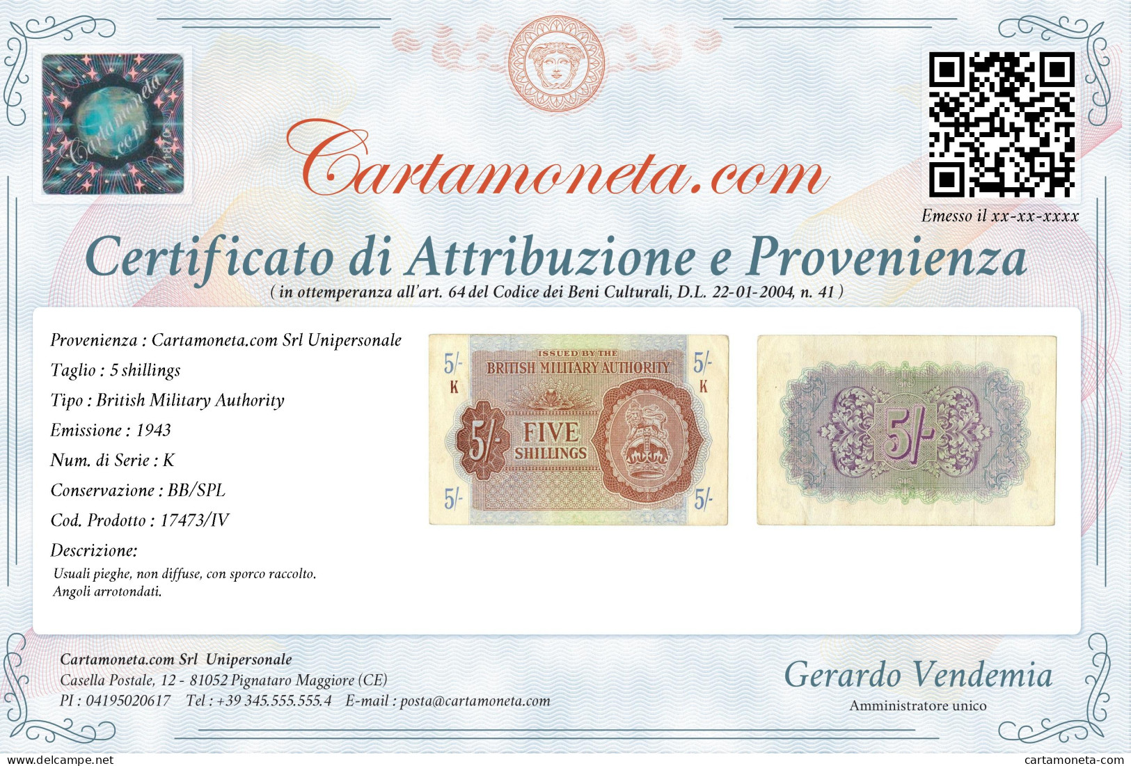 5 SHILLINGS OCCUPAZIONE INGLESE ITALIA BRITISH M. AUTHORITY 1943 BB/SPL - Occupazione Alleata Seconda Guerra Mondiale