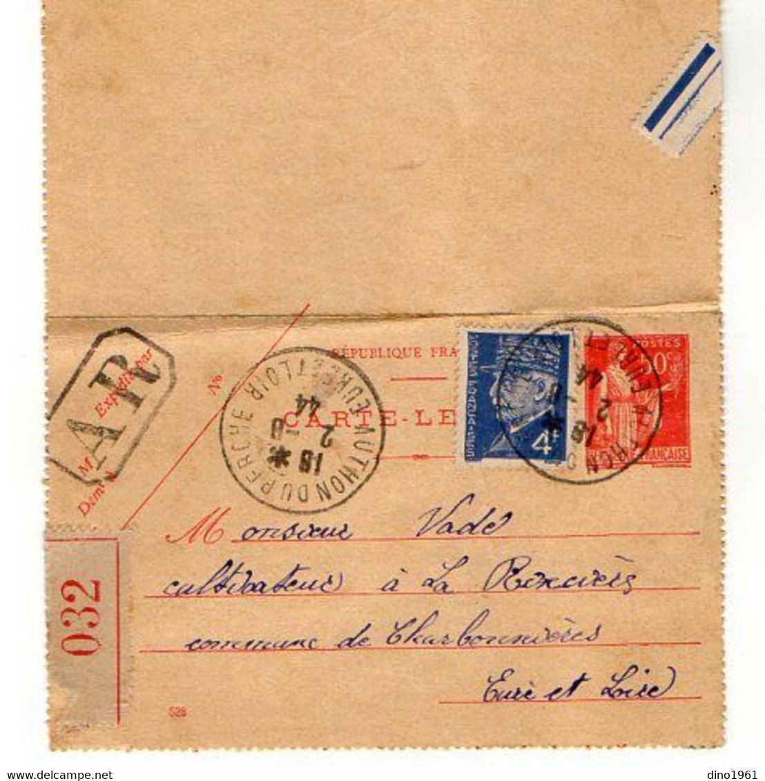 TB 3755 - 1944 - Entier Postal Type Paix / Carte - Lettre En AR  / Mr FRETT à CHARBONNIERES MP AUTHON DU PERCHE - Cartes-lettres