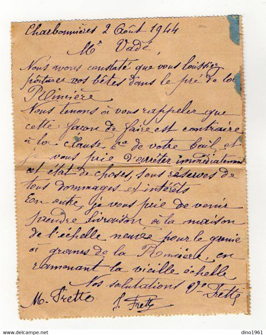 TB 3755 - 1944 - Entier Postal Type Paix / Carte - Lettre En AR  / Mr FRETT à CHARBONNIERES MP AUTHON DU PERCHE - Kaartbrieven